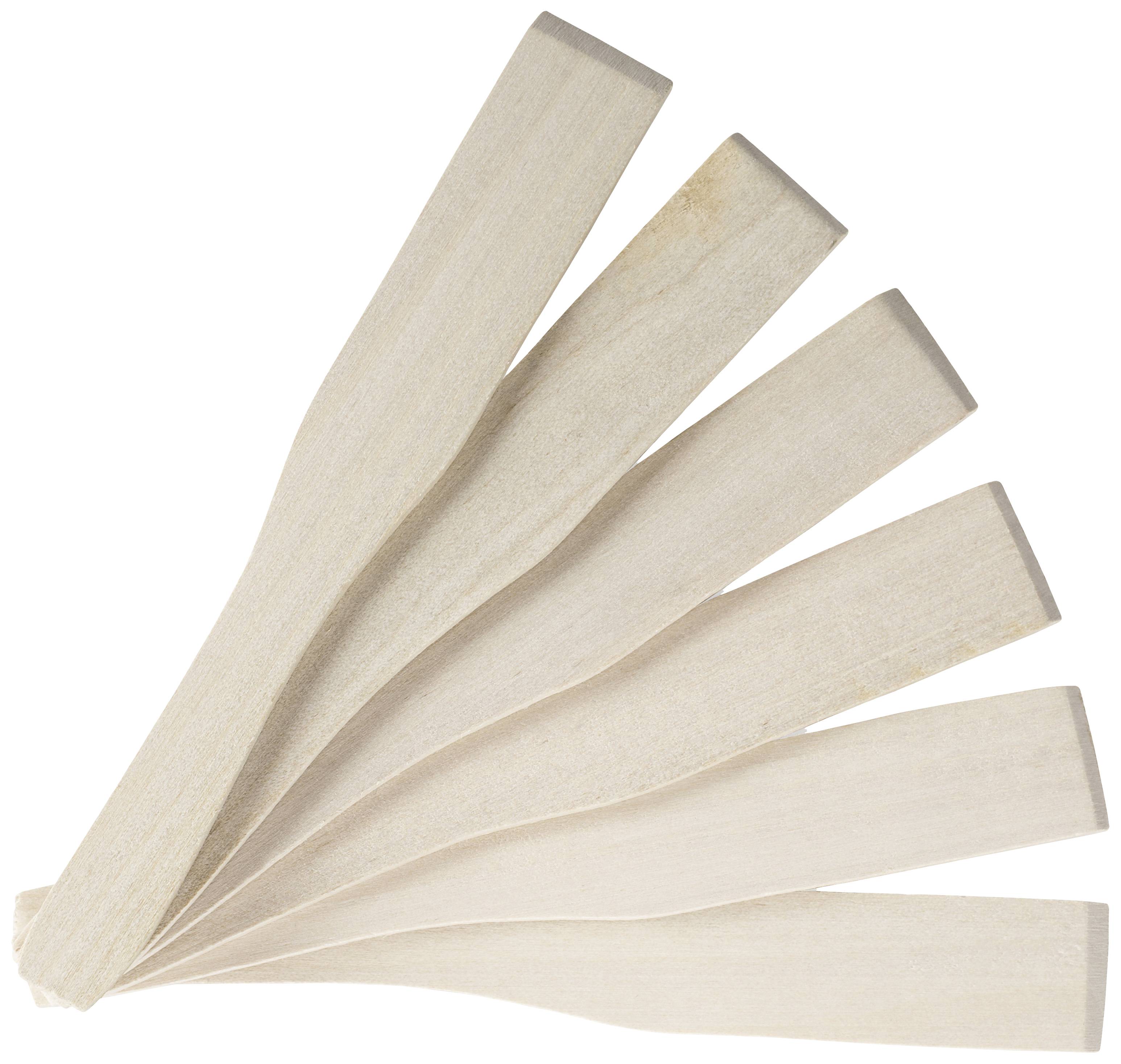 Zes platte houten stokjes in waaiervorm geschikt, zoals bij een opengevouwen ventilator.