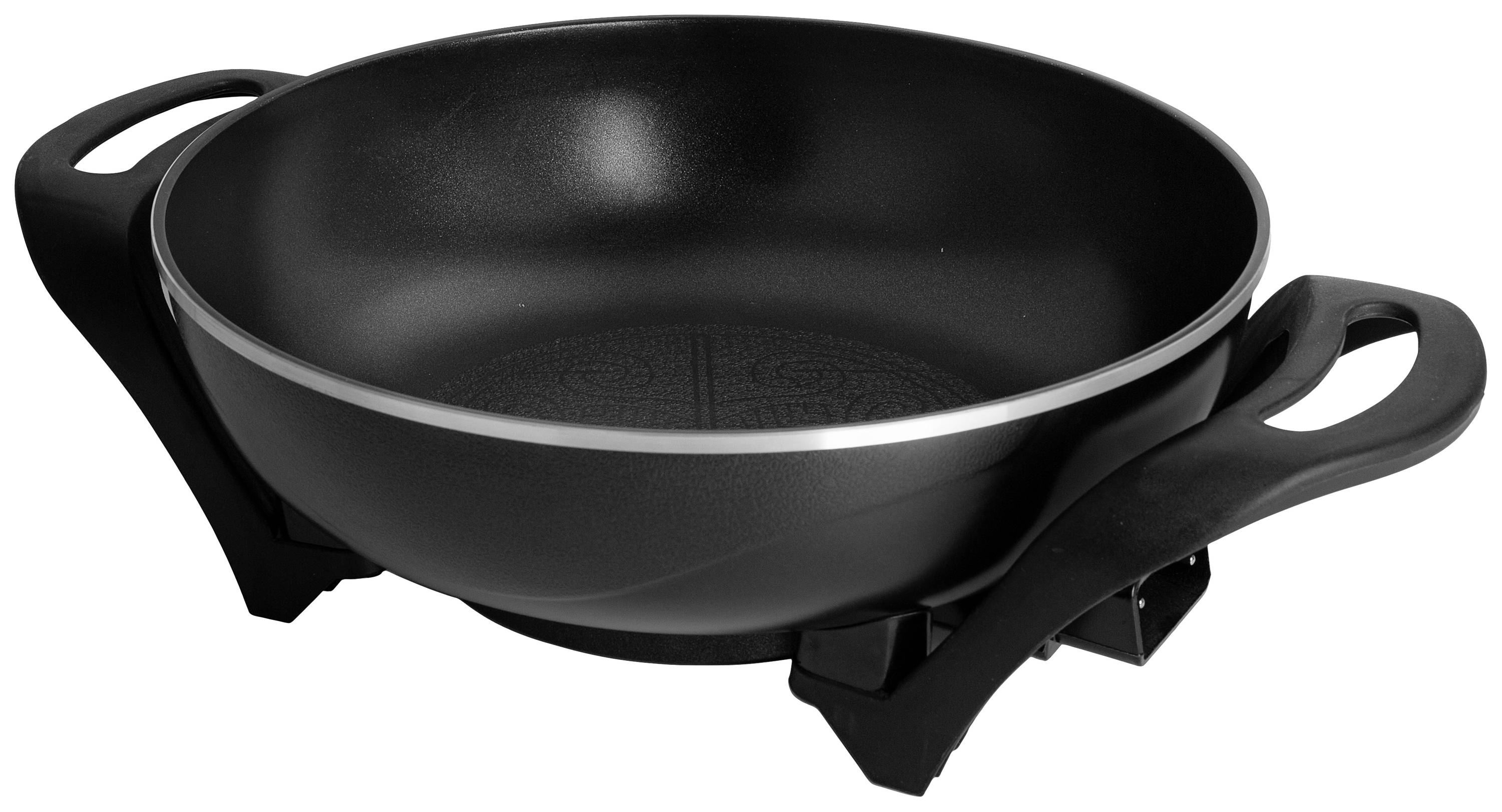 Zwarte elektrische pan met handgrepen aan beide zijden, ideaal voor bakken of koken.