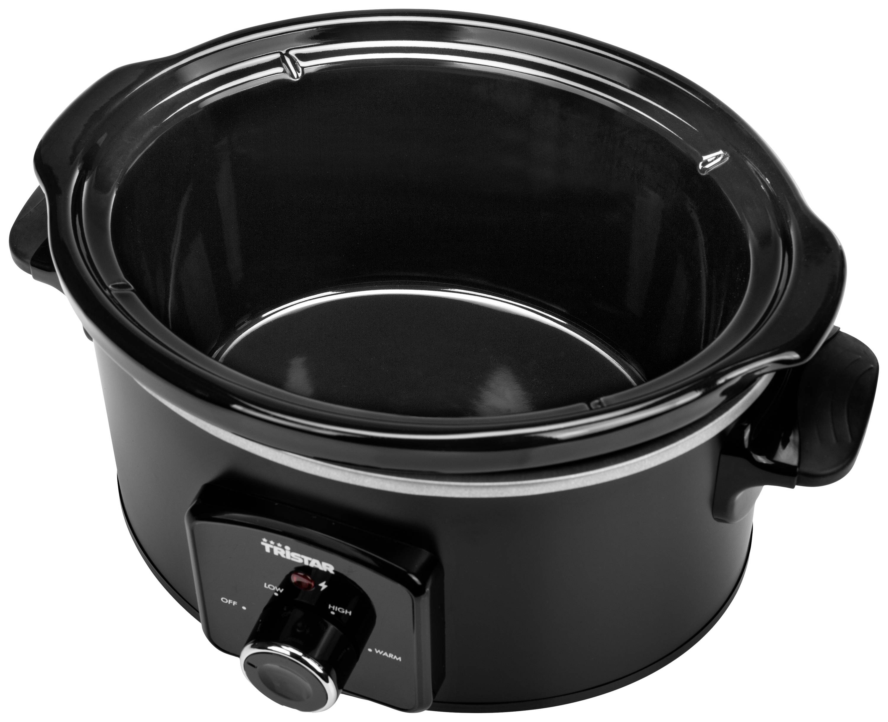 Zwarte slowcooker met regelknop aan de voorkant, gebruikt voor het langzaam bereiden van gerechten gedurende een langere periode.