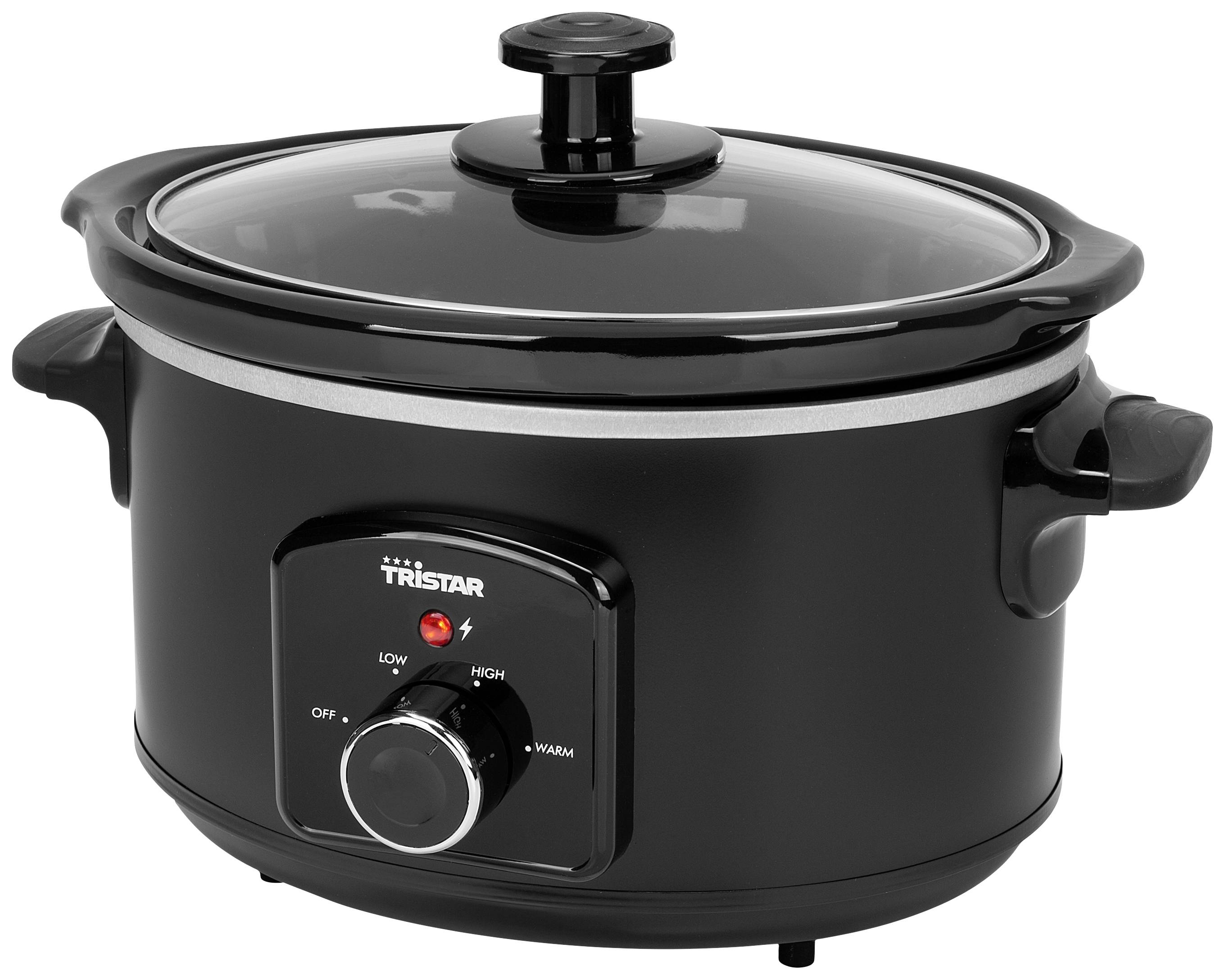 Een zwarte slowcooker met een glazen deksel en een draaiknop voor het instellen van 'Low', 'High' en 'Warm'. Apparaat van Tristar.