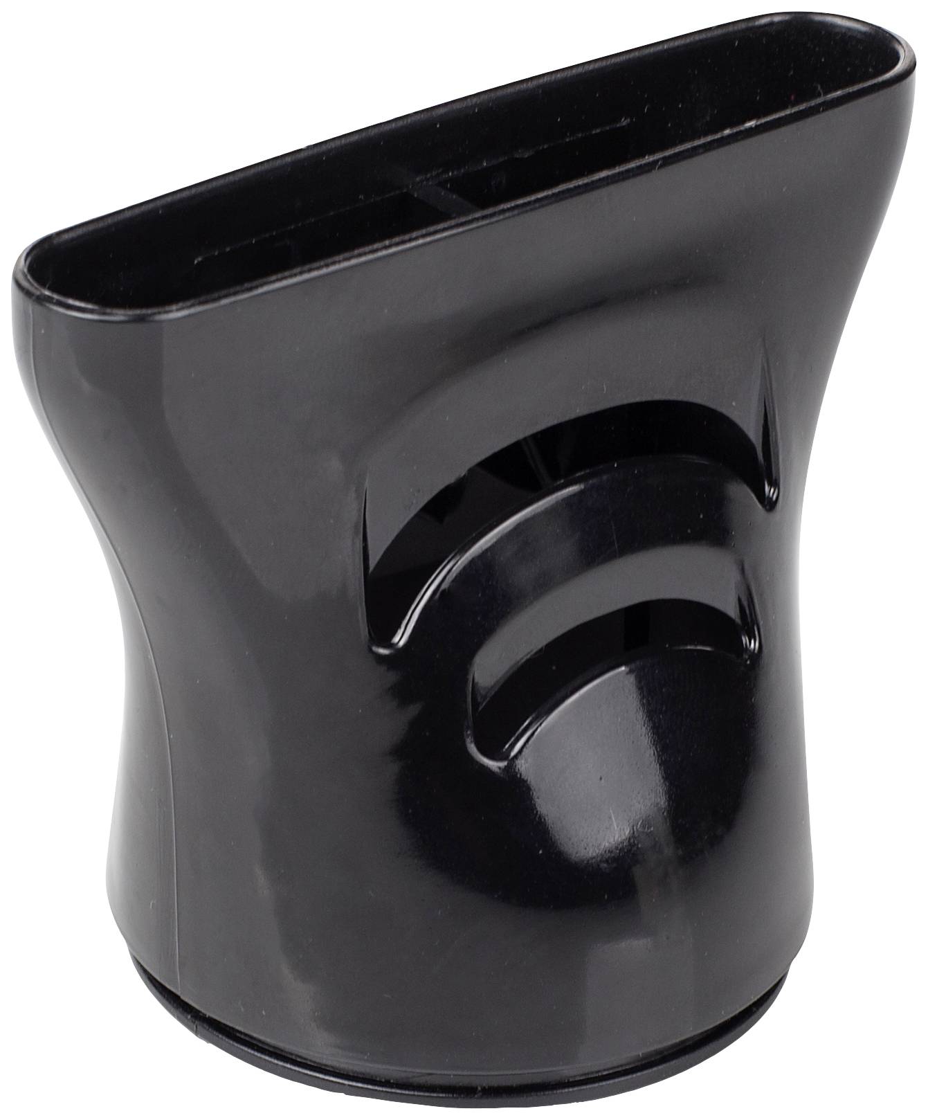 Een zwarte kunststof haak met boogvormige uitsparingen.