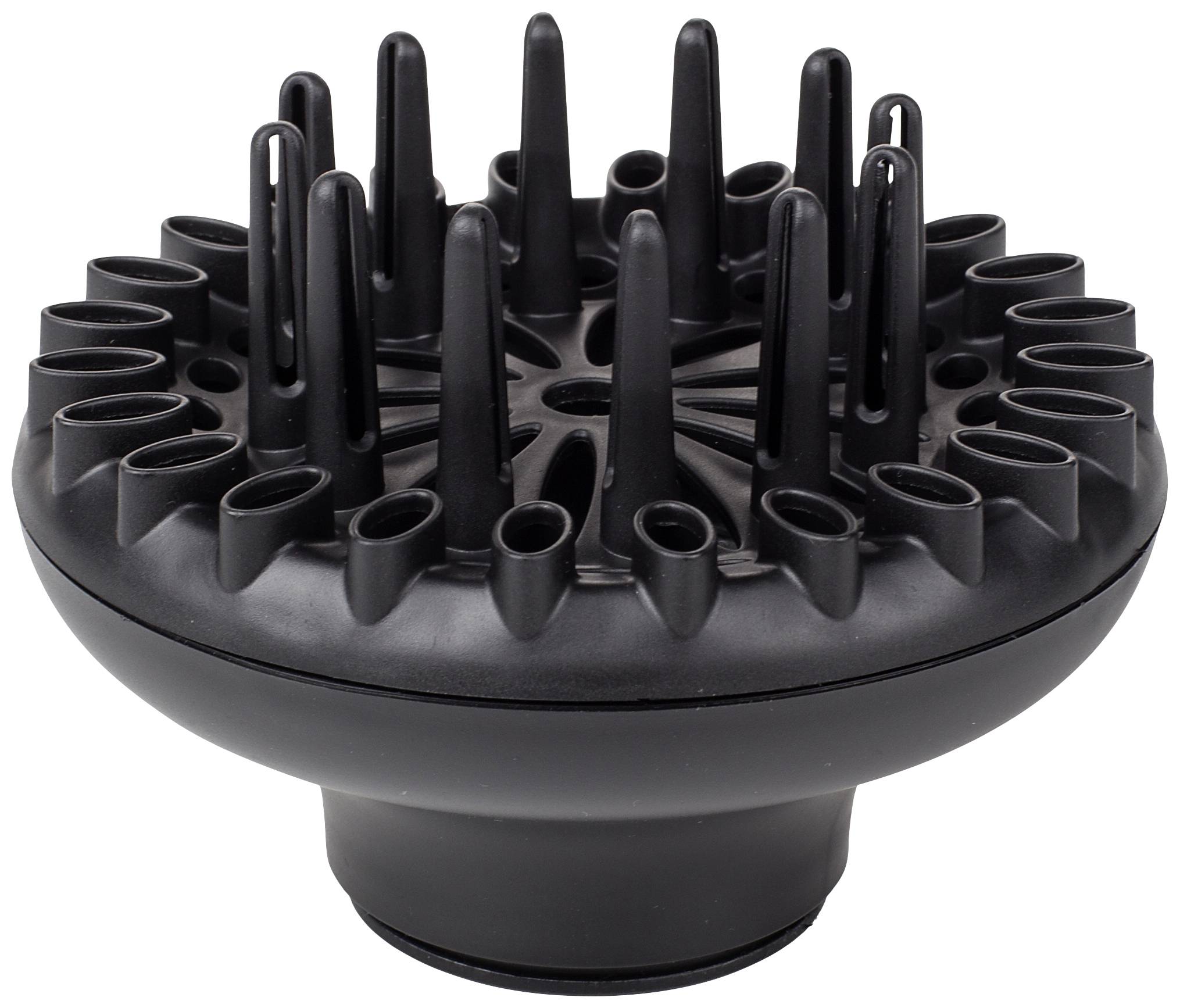 Zwarte haardroger-diffuser met lange, smalle pinnen voor gelijkmatige luchtverspreiding, geschikt voor het stylen van krullend haar.