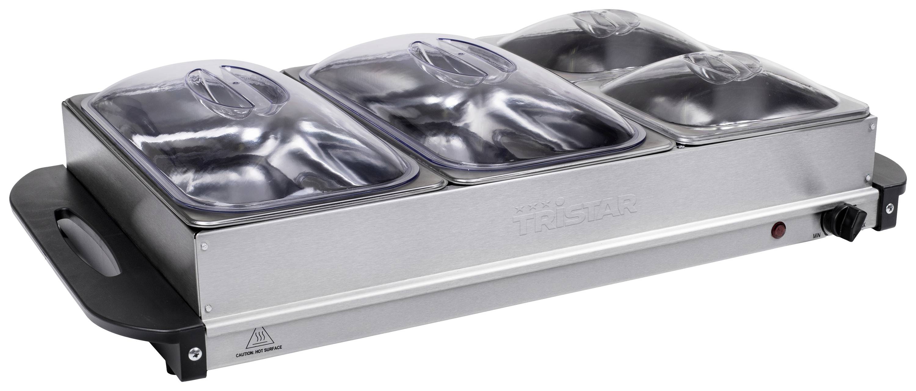 Een elektrische buffetwarmer met drie verwijderbare roestvrijstalen bakken en transparante deksels, geschikt voor het warmhouden van gerechten.