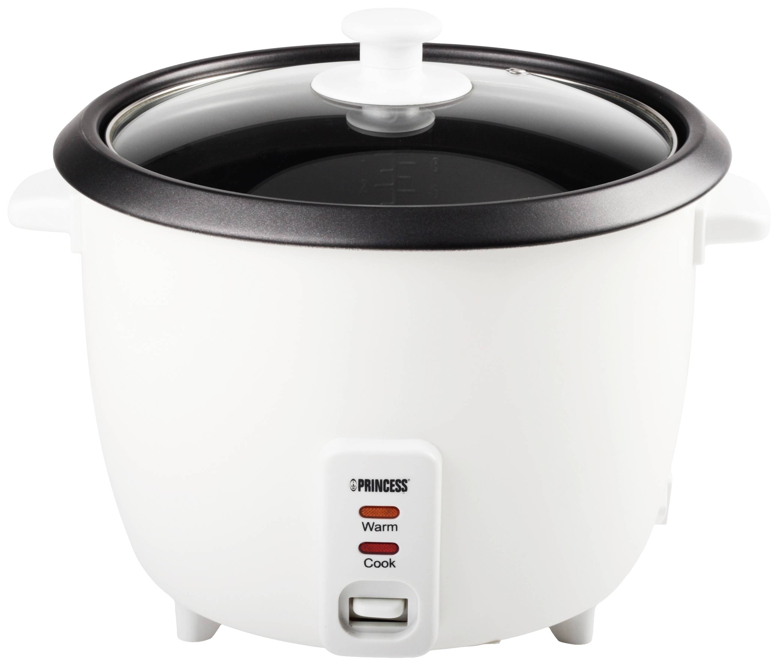 Een witte rijstkoker met een zwart deksel en drie functitoetsen: 'Warm', 'Koken' en 'Uit'.