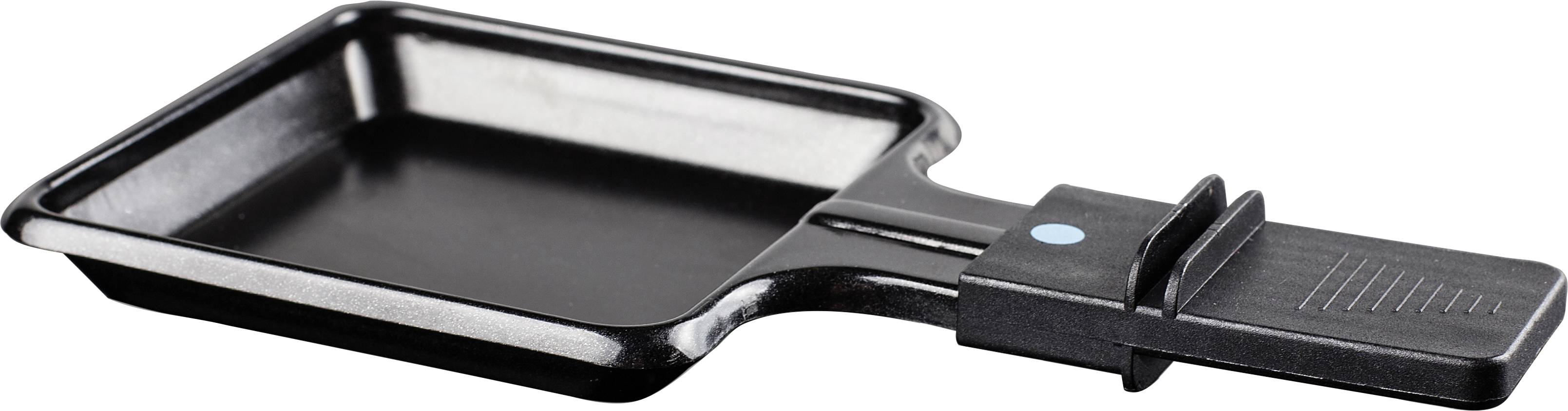 Kleine rechthoekige raclette-pan van zwart metaal met handvat, geschikt voor het smelten van kaas of het bereiden van kleine porties.