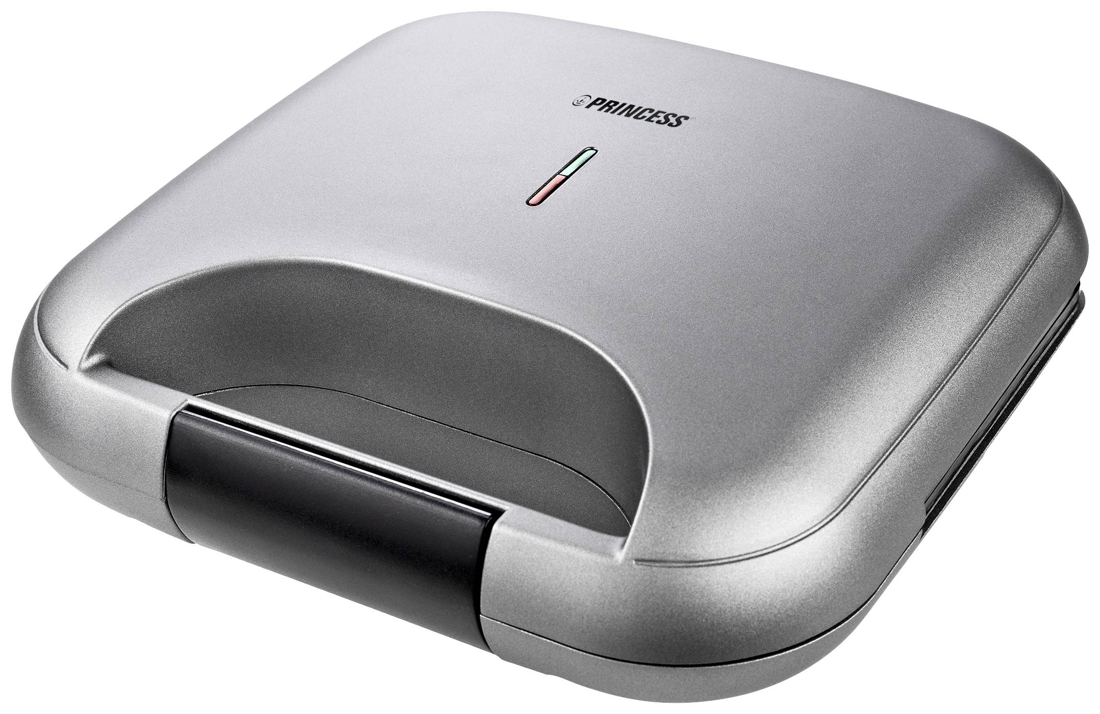 Zilveren tosti-ijzer met één handgreep. Bovenaan een hendel voor sluiting. Twee lampjes voor bedrijfsindicatie.