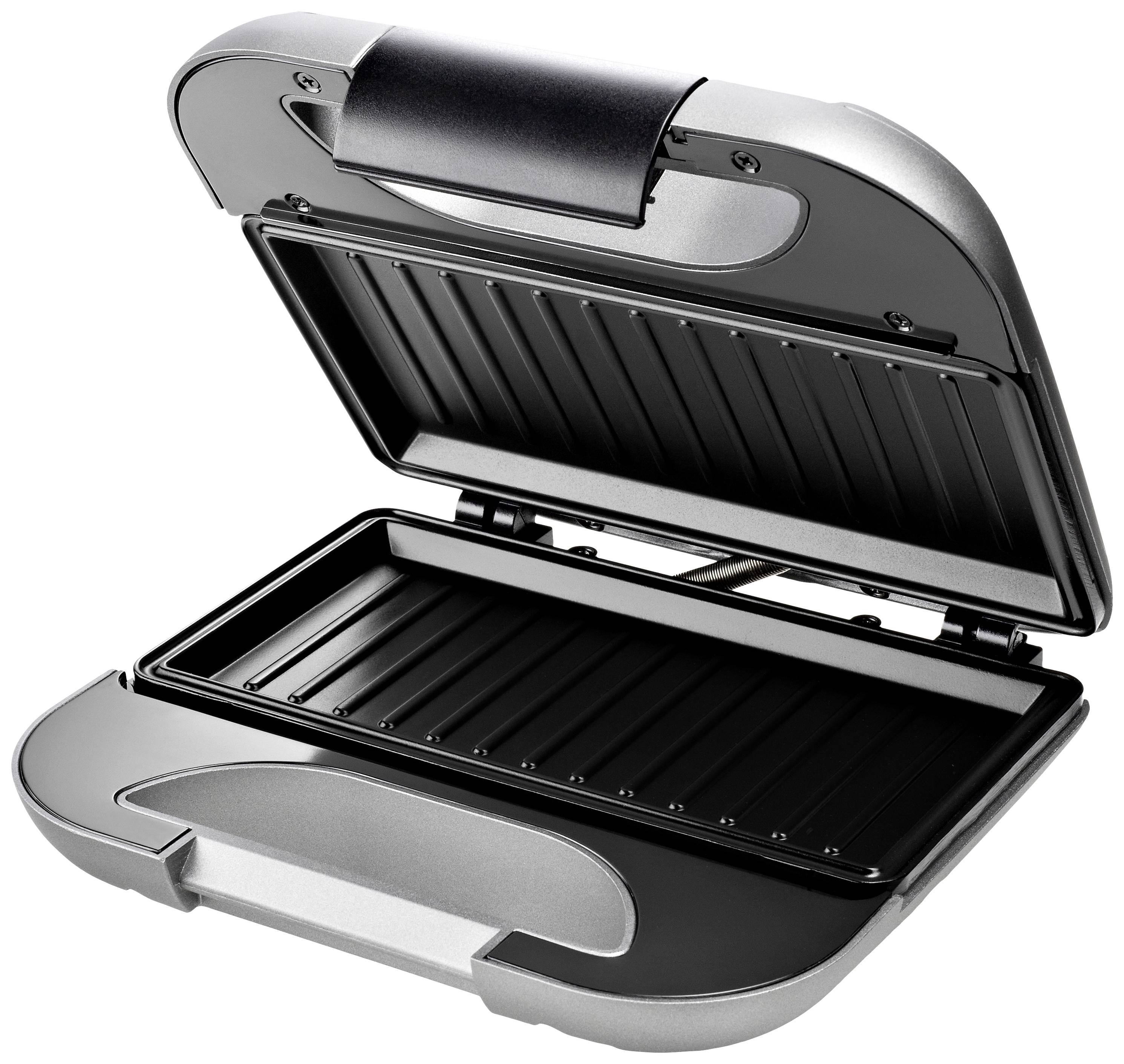 Een geopende tosti-ijzer met zwarte grillplaten en een zilveren behuizing, klaar voor gebruik.
