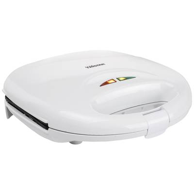 Een wit tosti-ijzer met twee controlelampjes op de bovenkant, gesloten en klaar voor gebruik.