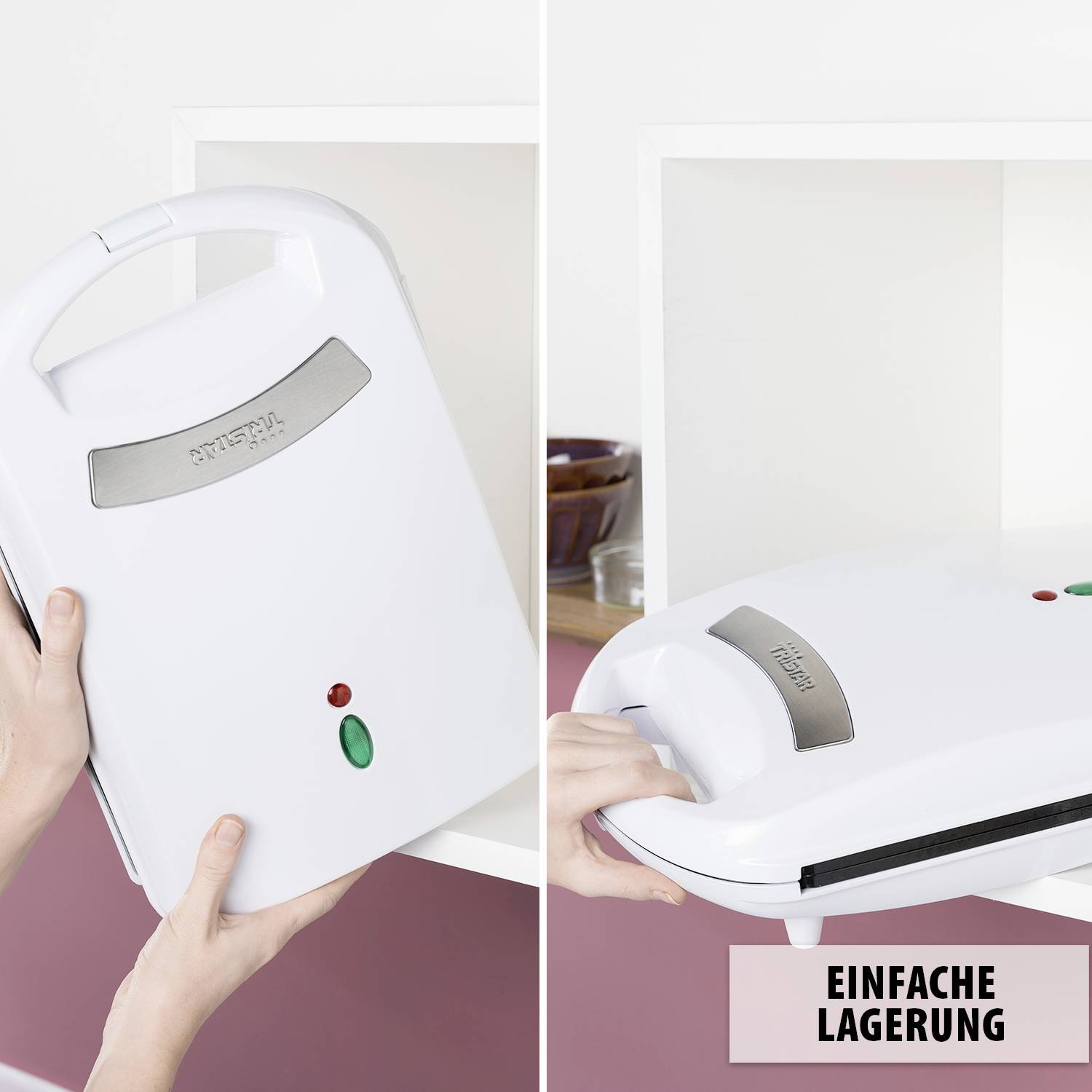 Tostimachine wordt getoond. Links een hand die het apparaat rechtop houdt. Rechts het apparaat in de kast. Tekst 'EENVOUDIGE OPBERGING'.