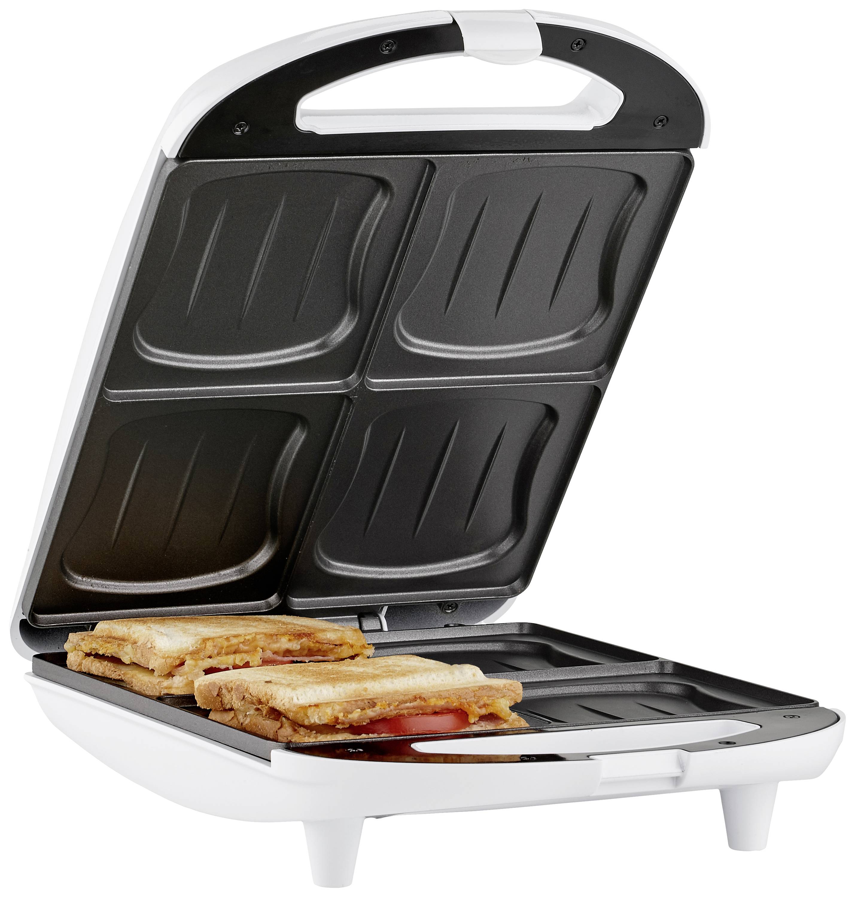 Een geopende tosti-ijzer met twee tosti's aan de binnenkant, met een lichte bruining.