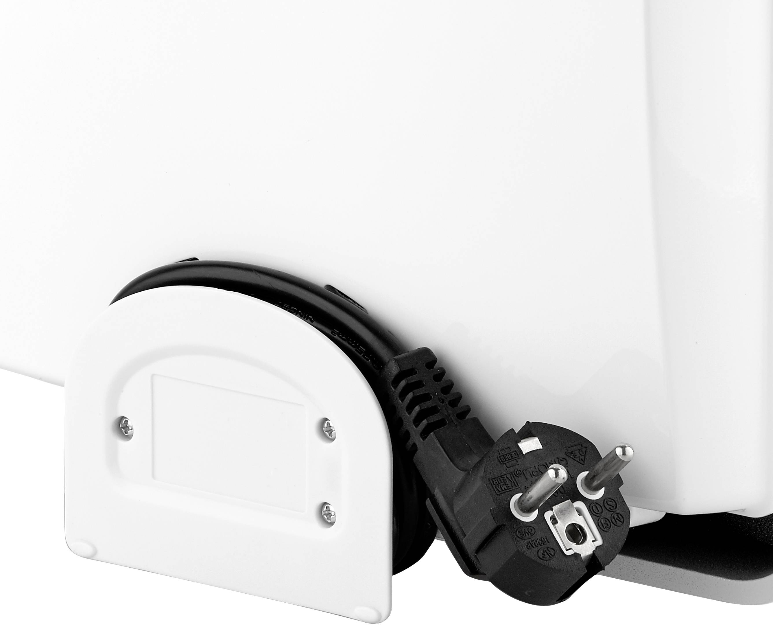Een wit elektrisch apparaat met kabelhouder en Europese stekker, geschikt voor eenvoudige opslag en aansluiting op een stopcontact.