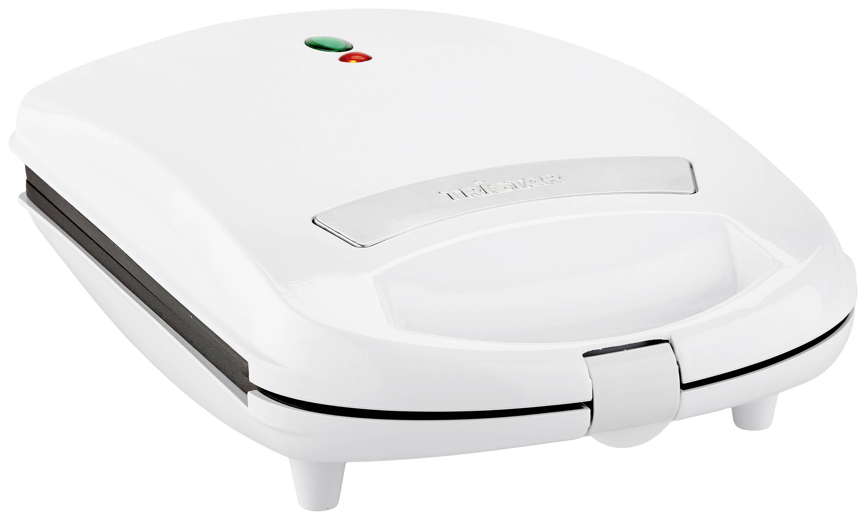 Een wit, gesloten tosti-apparaat met twee controlelampjes bovenop: een groene en een rode.