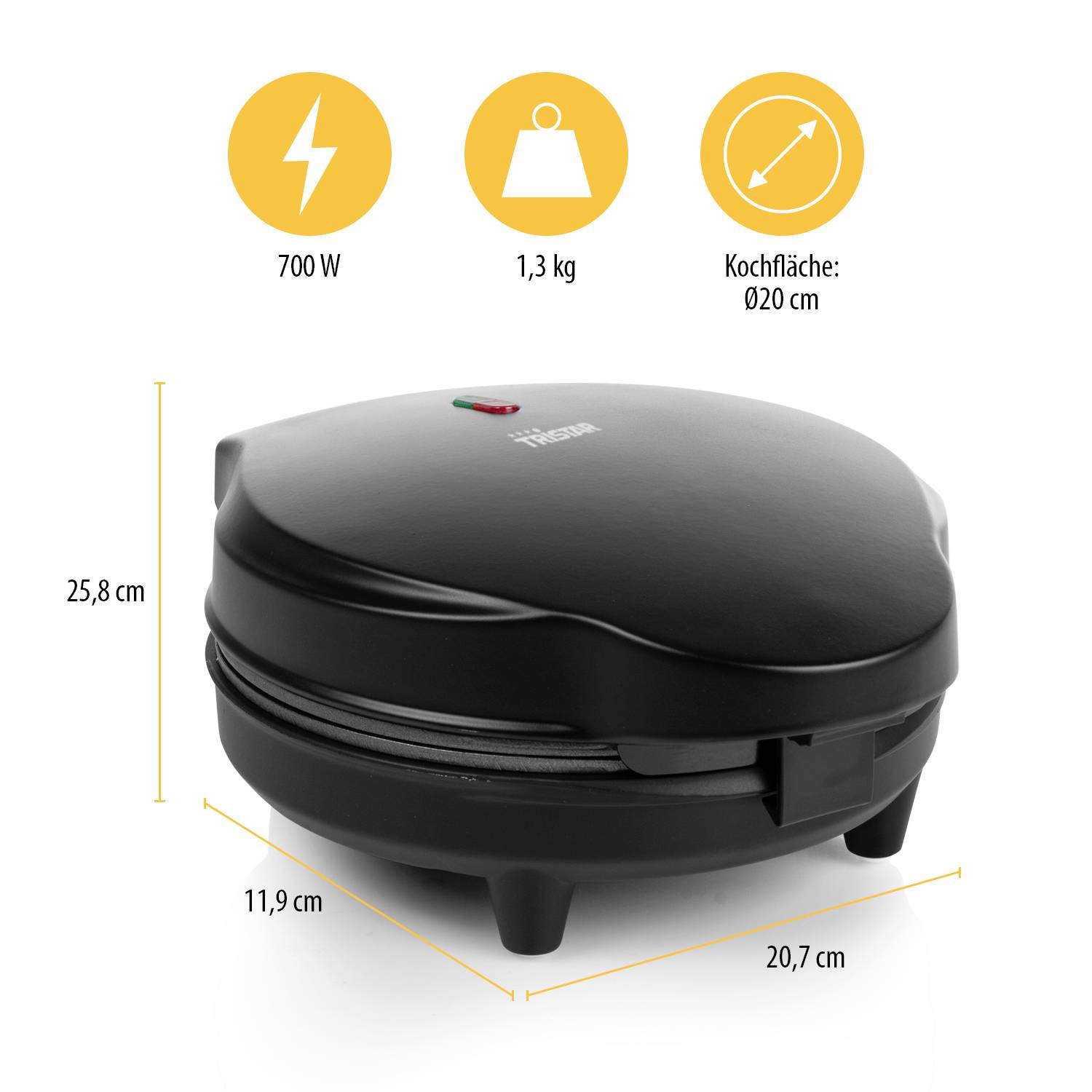 Een zwart rond keukenapparaat met handvatten en controlelampjes. Technische specificaties: 700 W vermogen, 20 cm kookoppervlak, 1,3 kg gewicht.