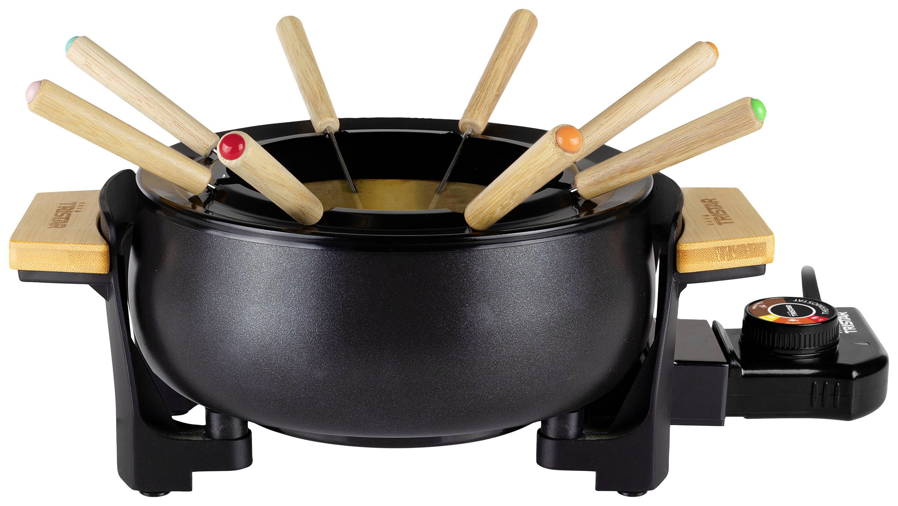 Fondue-set met zes houten spiesen in een zwarte pot; verwarmingsregelaar aan de zijkant. Ideaal voor kaasfondue of chocoladefondue.