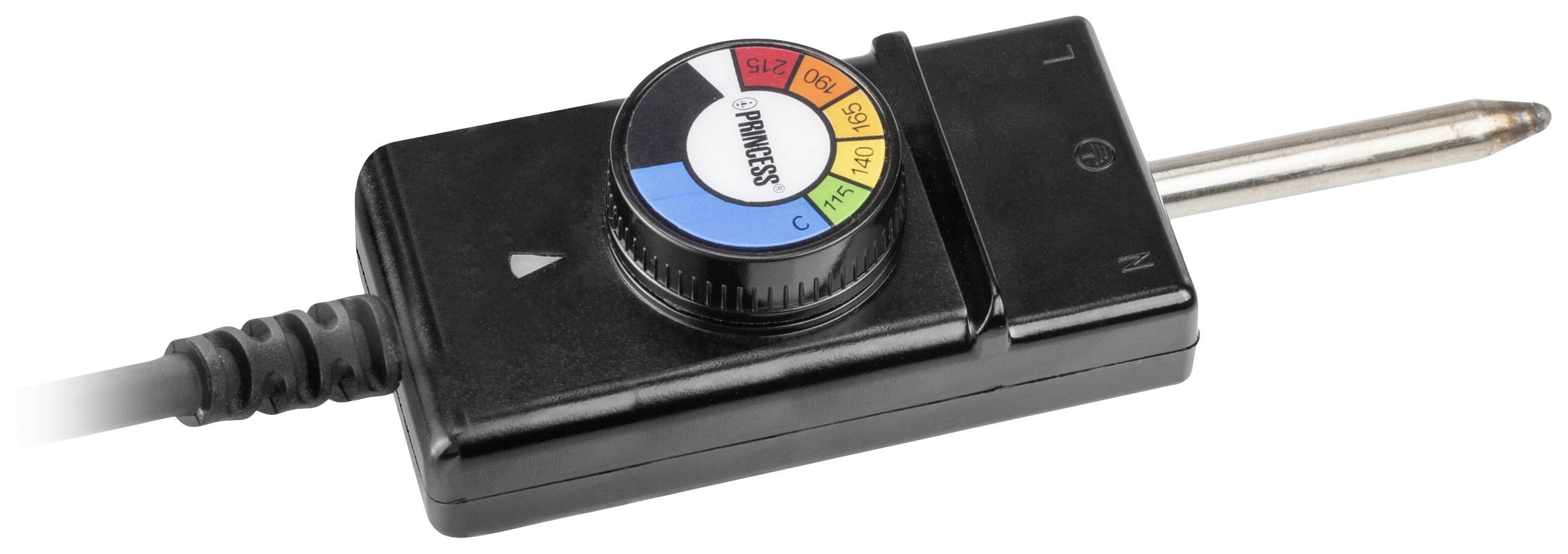 Een elektrisch verwarmingselement-thermostaat met een kleurgecodeerde instelknop voor temperatuurbereik, verbonden met een kabel.