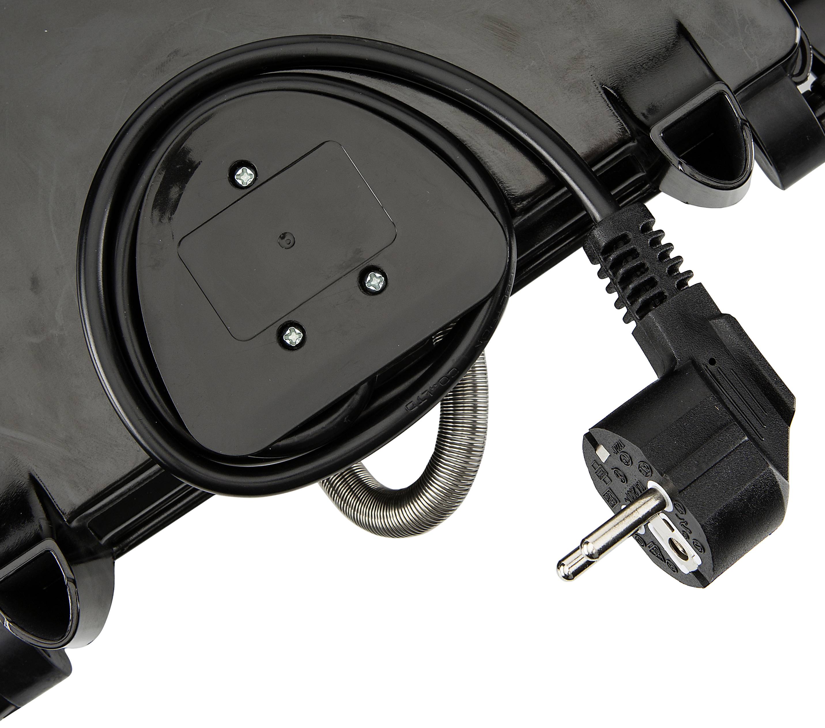 Een zwart elektrisch apparaat met een spiraalvormige kabel en een Europese stekker, ontworpen voor gebruik in Europese stopcontacten.