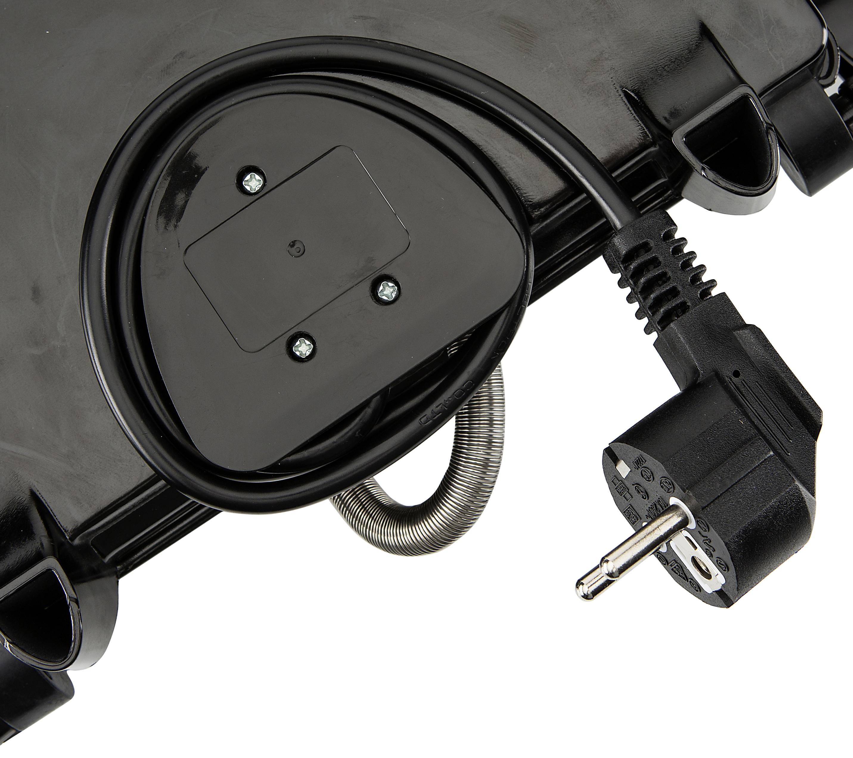 Een zwart elektrisch verwarmingselement met kabel en stekker, dat de onderkant van een apparaat laat zien.