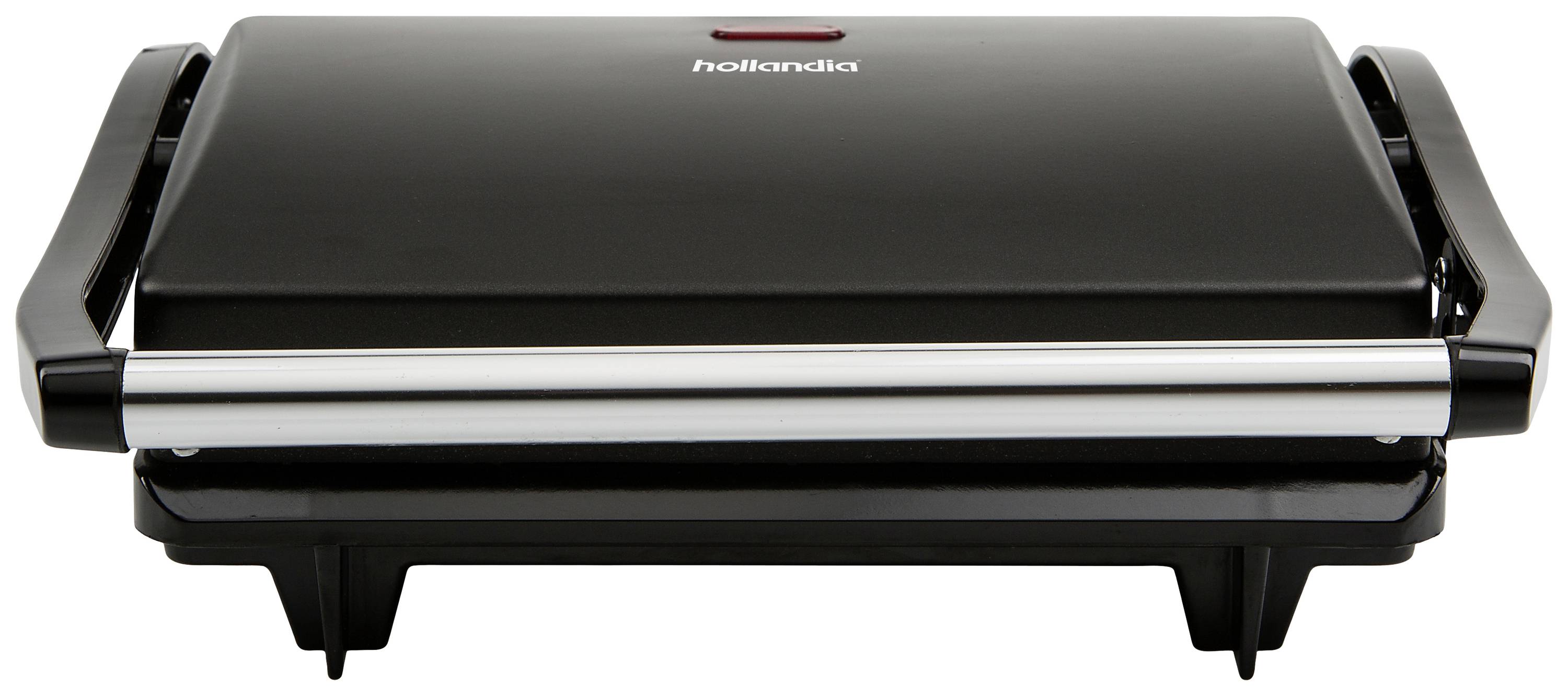 Een zwarte elektrische tosti-ijzer of grill met twee handgrepen aan de zijkanten. Bovenaan is een rood lampje te zien.