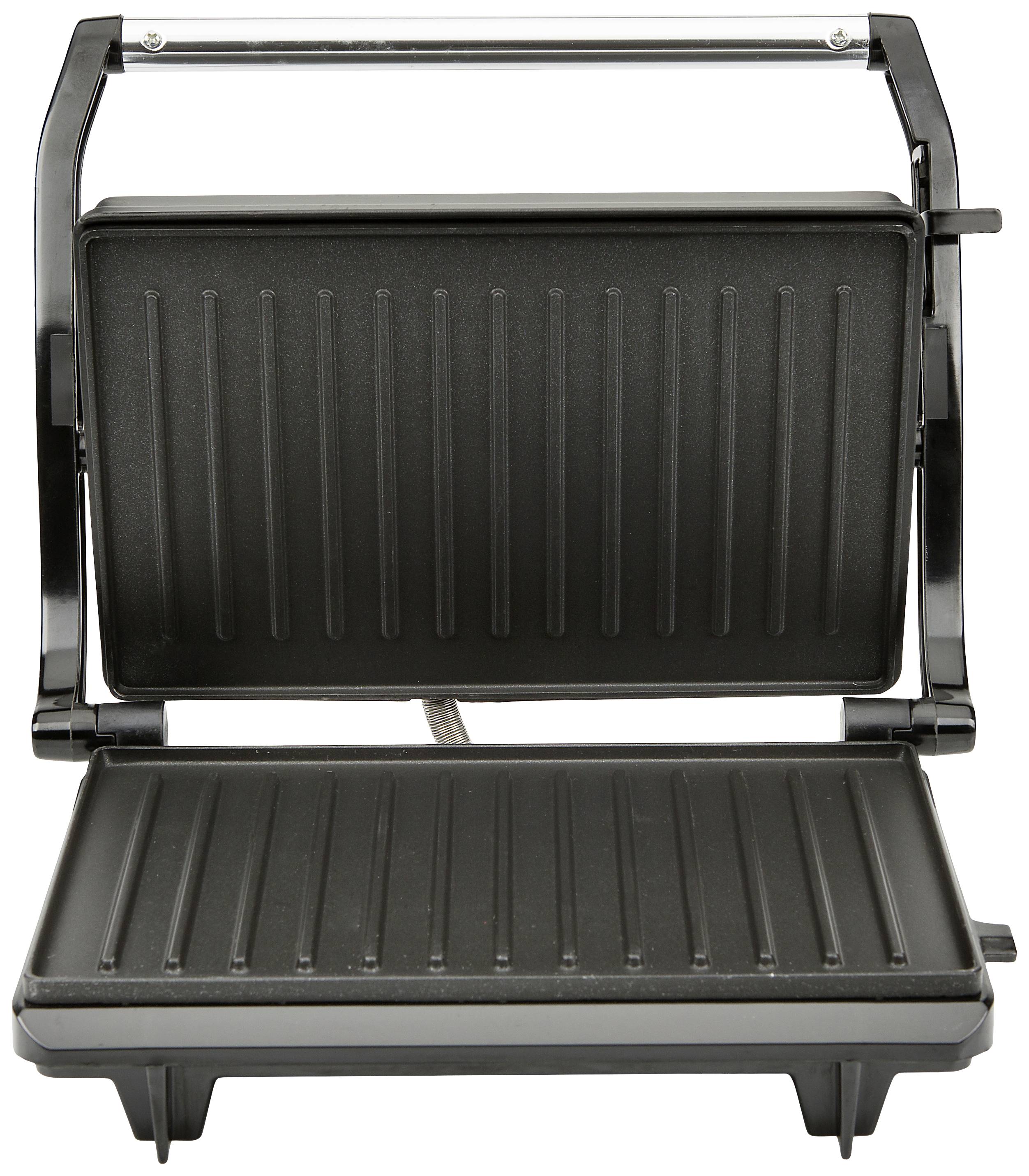 Open contactgrill met geribbelde platen, geschikt voor het grillen van vlees en broodjes, zwart, zonder eten of toebehoren.