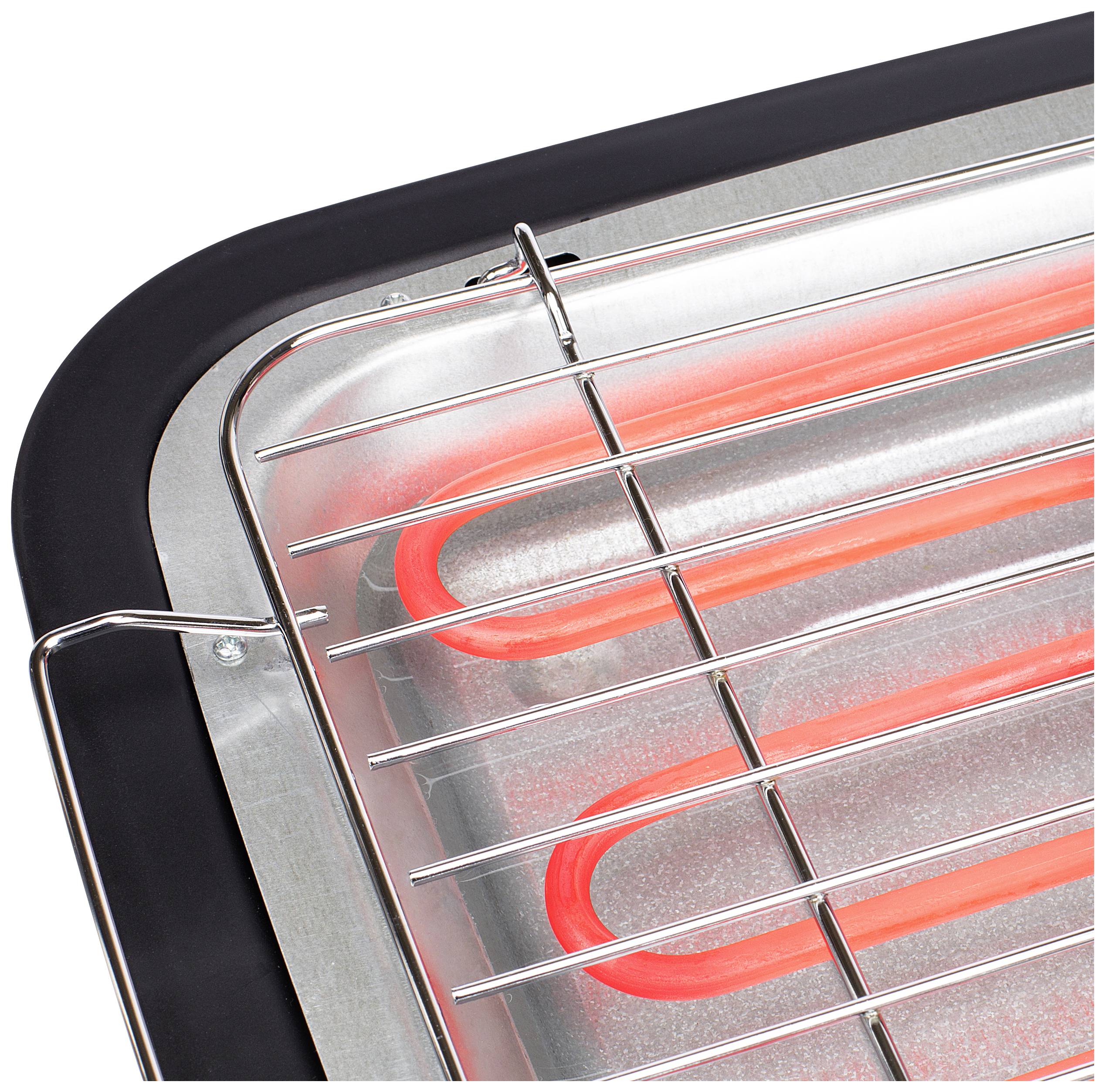 Close-up van een elektrische grill met gloeiende verwarmingselementen en een zilverkleurig rooster.