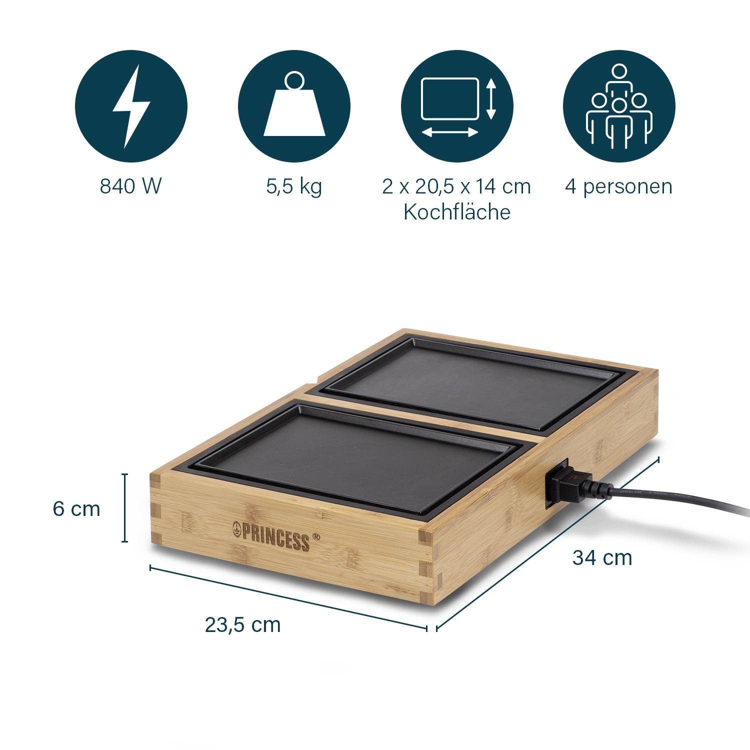 Een dubbele inductiekookplaat van bamboe met afmetingen 23,5 cm x 34 cm en een hoogte van 6 cm, geschikt voor 4 personen, 840 W vermogen, 5,5 kg gewicht.
