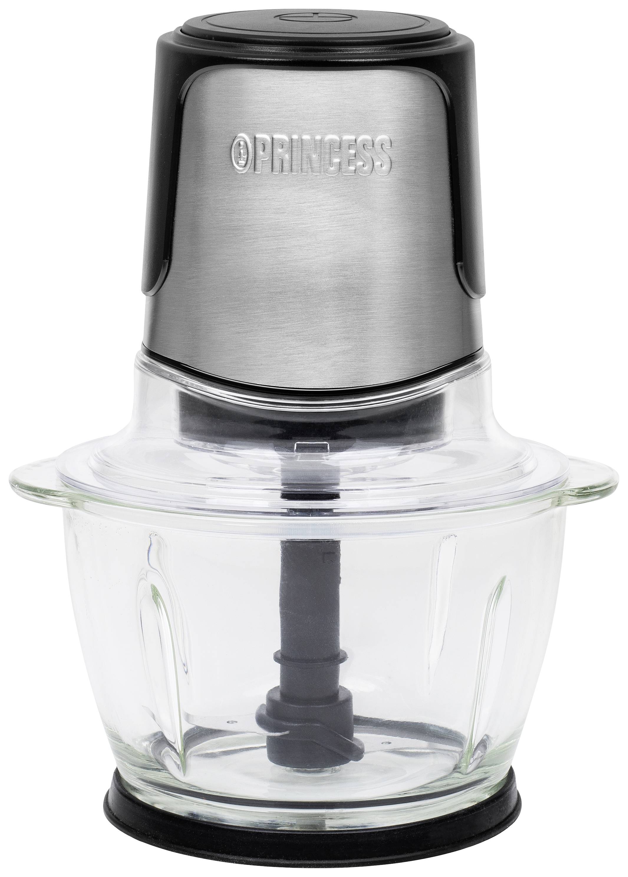 Zilveren en zwarte mini-hakselaar met glazen container, gebruikt voor het fijnhakken van kleine hoeveelheden voedsel.