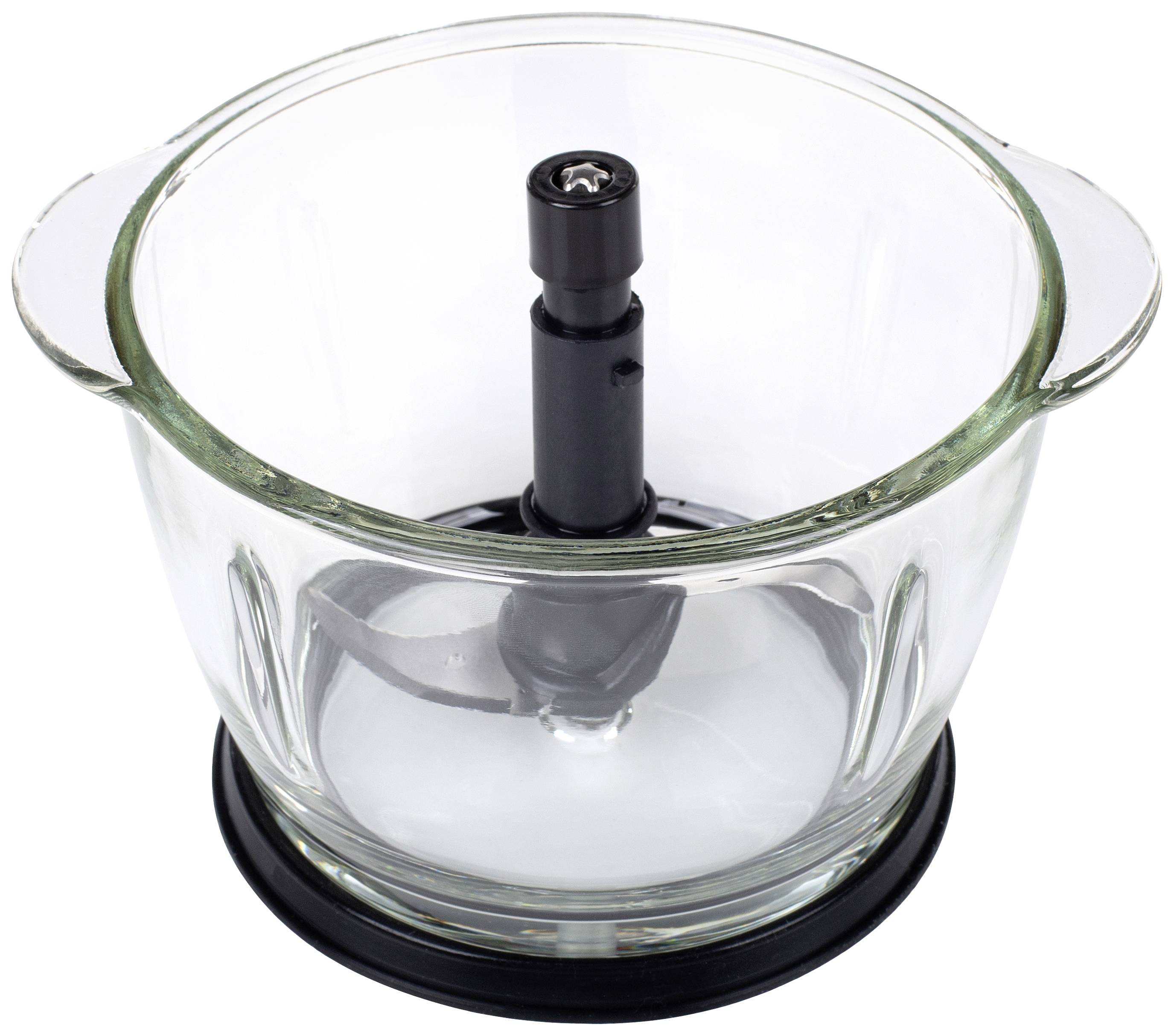 Een glazen container met handvatten en een zwart metalen mes in het midden, waarschijnlijk onderdeel van een keukengerei zoals een mixer.