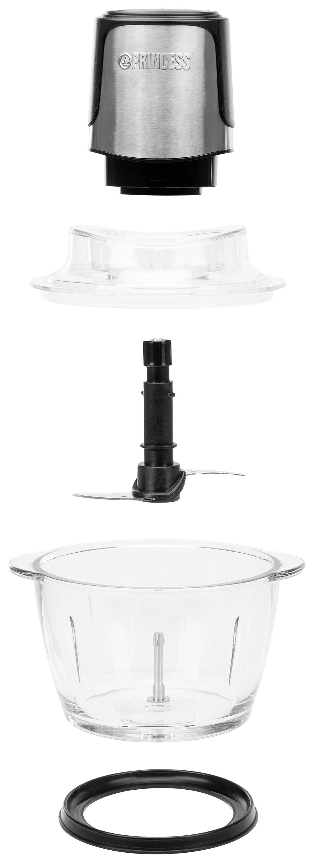 Explosietekening van een blender met deksel, mes, glazen kan en afdichting. Onderdelen afzonderlijk weergegeven voor een beter overzicht.