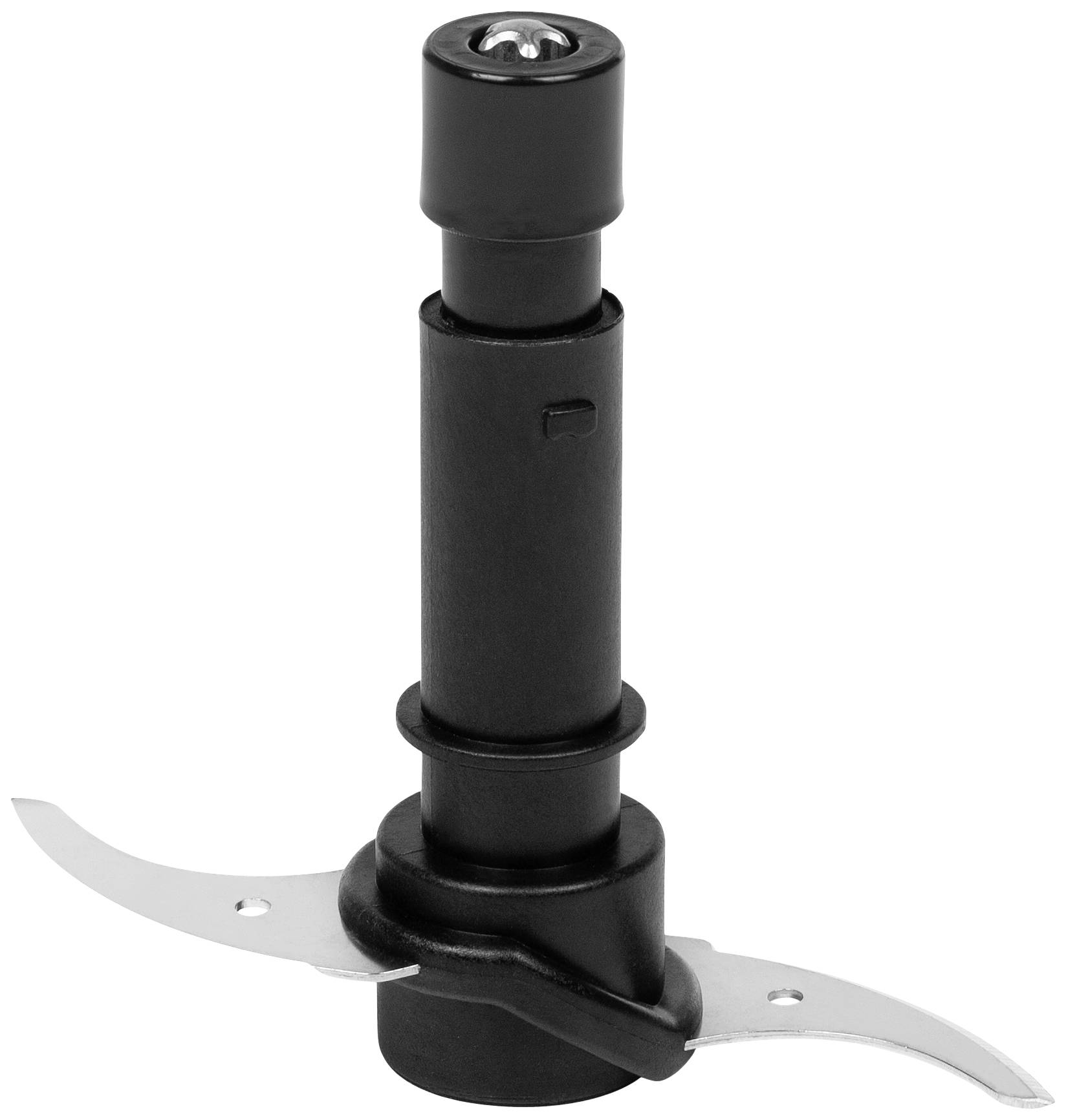 Zwarte plastic blenderopzetstuk met twee zilveren, gebogen messen.