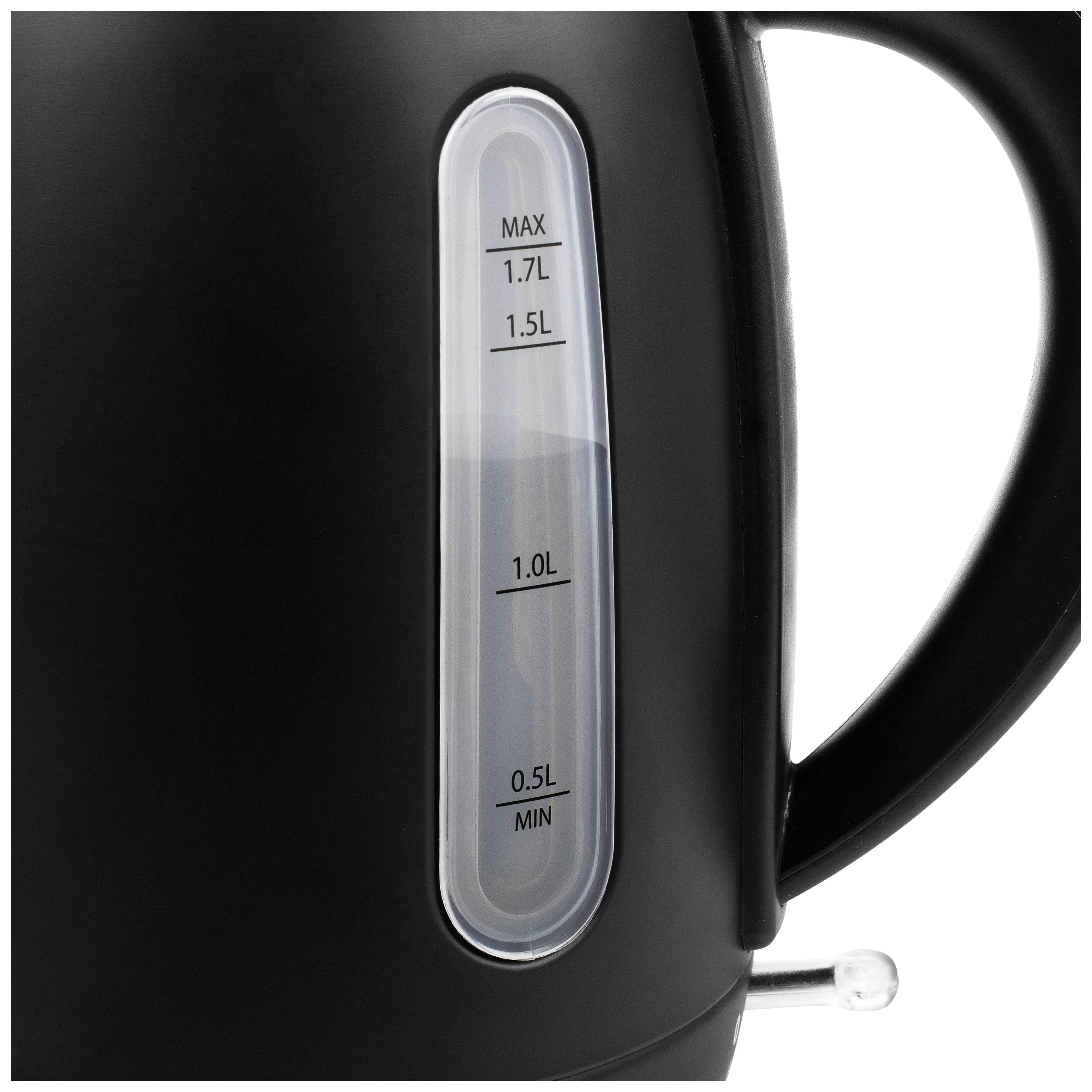 Zwarte waterkoker met waterstandsindicator, schaal van 0,5L tot 1,7L. Maximale en minimale vullingsmarkeringen aangegeven.
