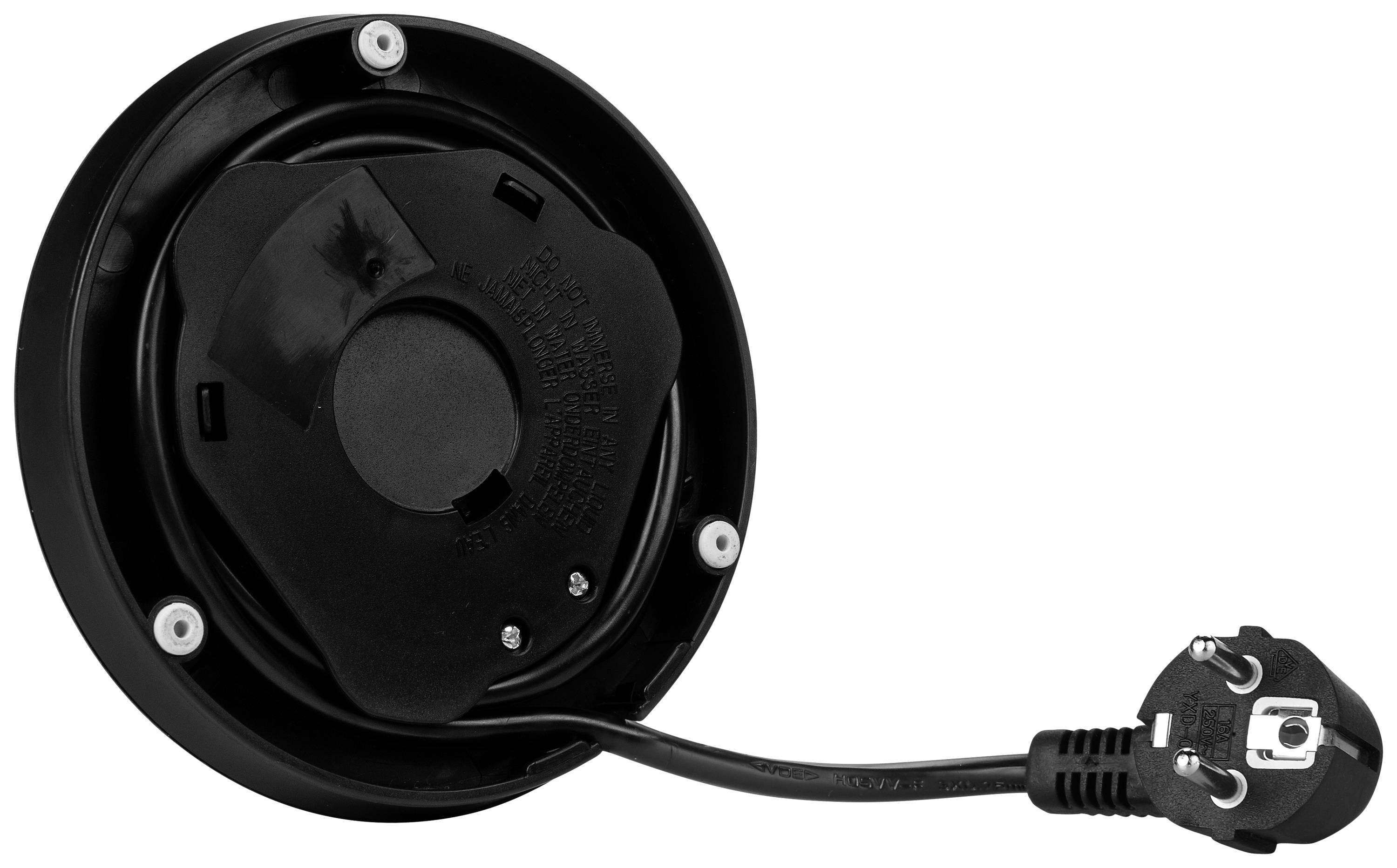 Zwarte, ronde voet van een elektrisch apparaat met uitstekende netkabel en stekker, geschikt voor keukenapparatuur.