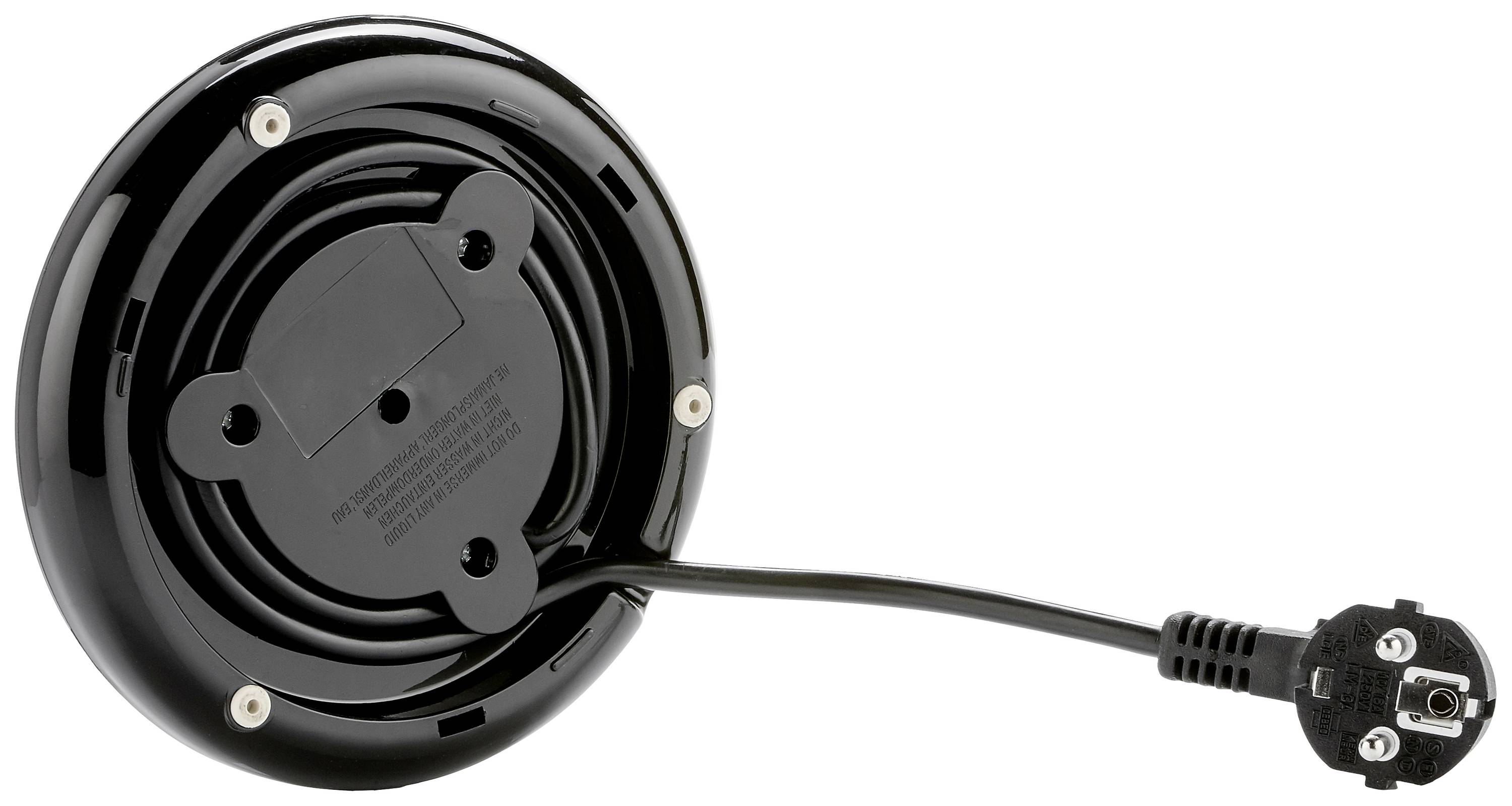 Onderkant van een rond, zwart elektrisch apparaat met opgerold snoer en stekker. Geschikt voor de basis van een keukenapparaat.