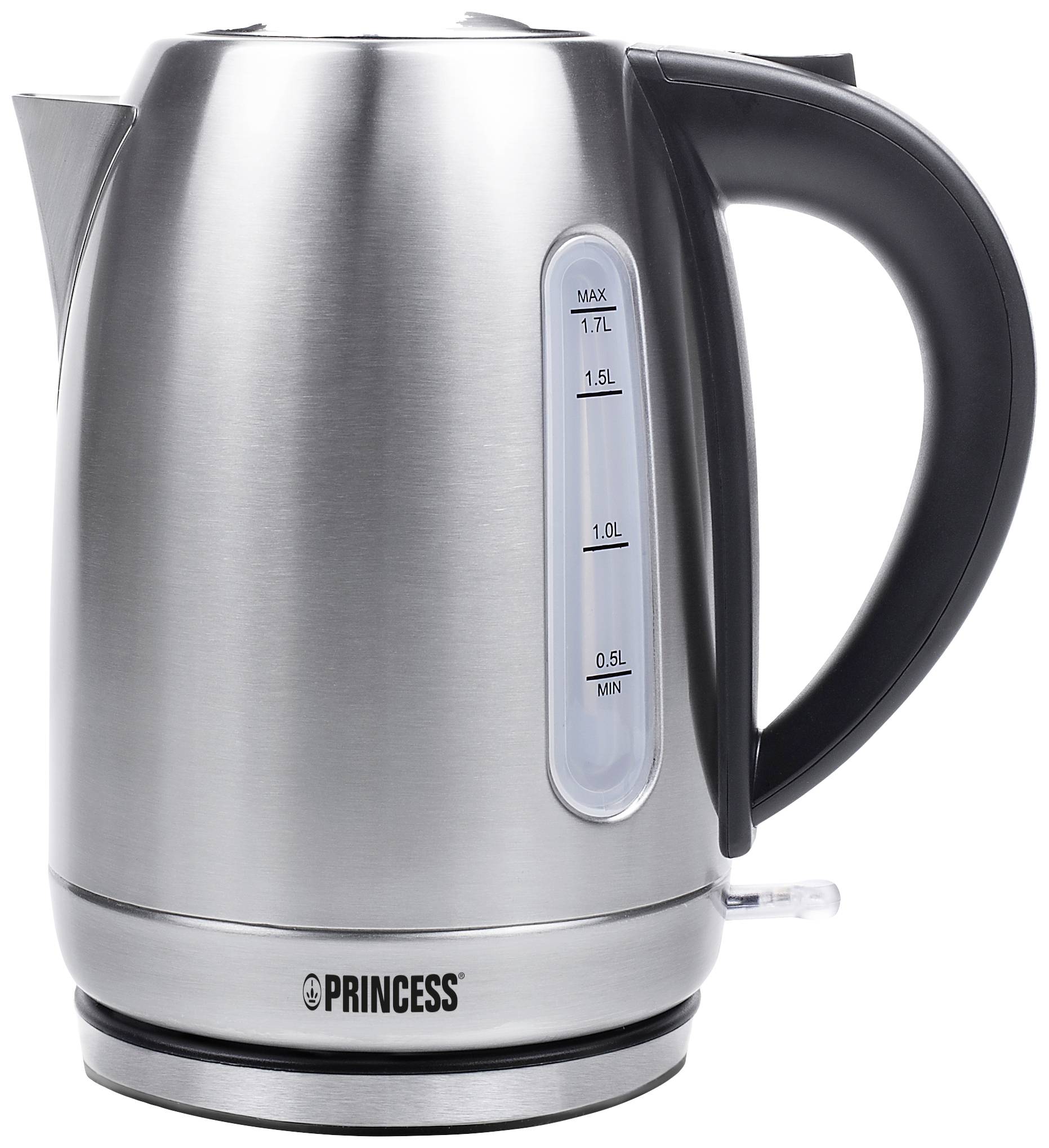 Zilveren waterkoker met zwarte handgreep, waterstandsindicator aan de zijkant en 'Princess'-logo onderaan. Inhoud: 1,7 liter.