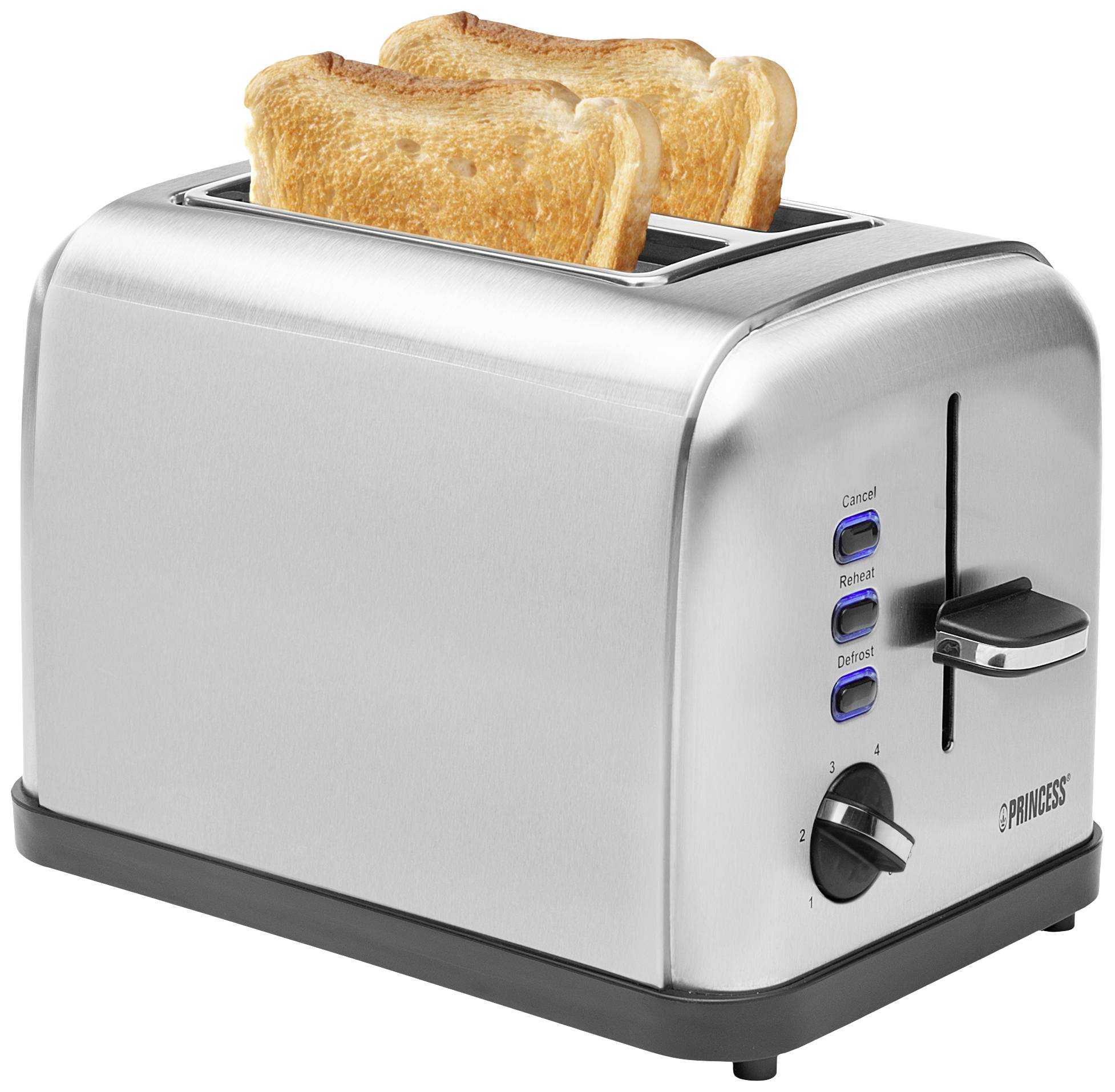 Twee plakken geroosterd toastbrood steken uit een moderne roestvrij stalen broodrooster met bedieningselementen aan de zijkant.