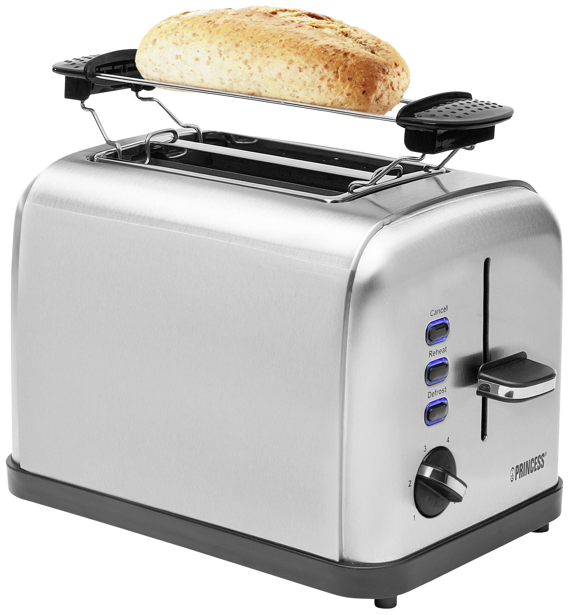 Zilveren broodrooster met een sneetje brood op de broodjesdrager. Vier knoppen en een draaiknop bevinden zich aan de zijkant.