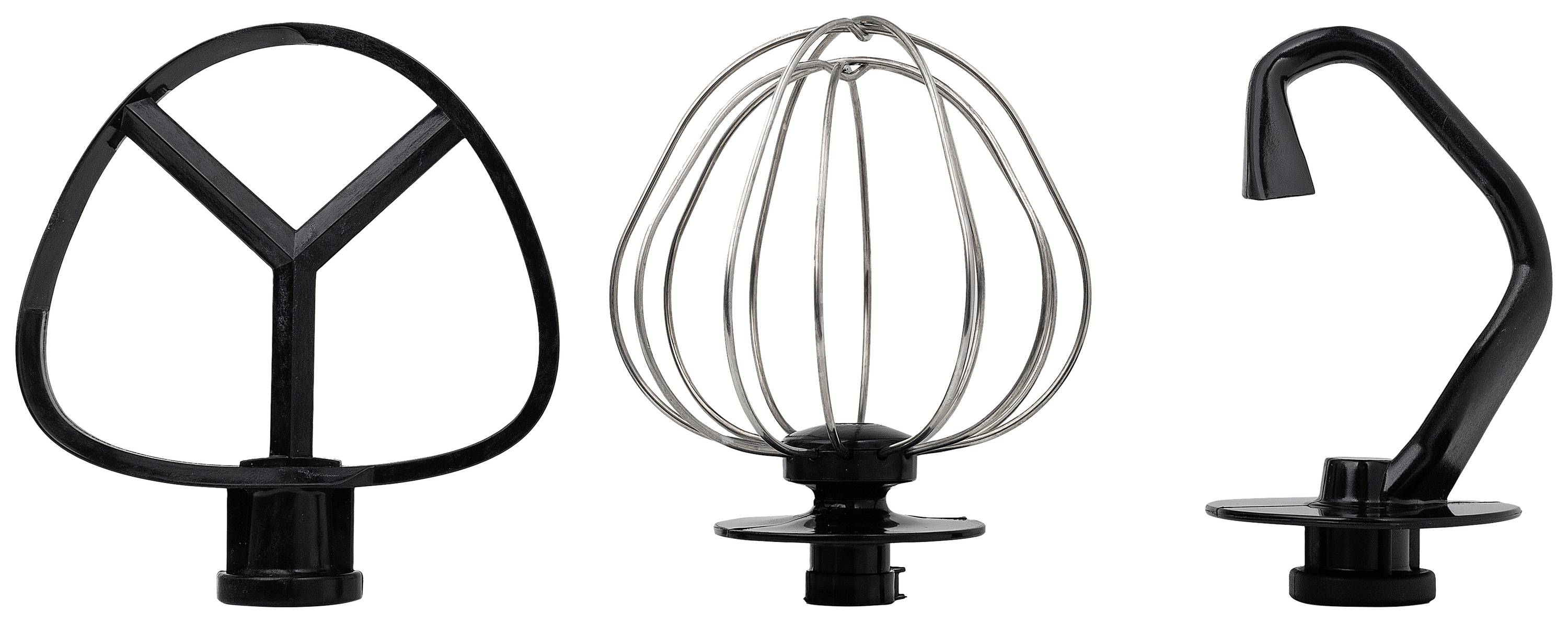 Drie gardeaccessoires: een platte menghaak, een garden en een deeghaak naast elkaar. Ze zijn zwart en zilver en dienen verschillende bakdoeleinden.