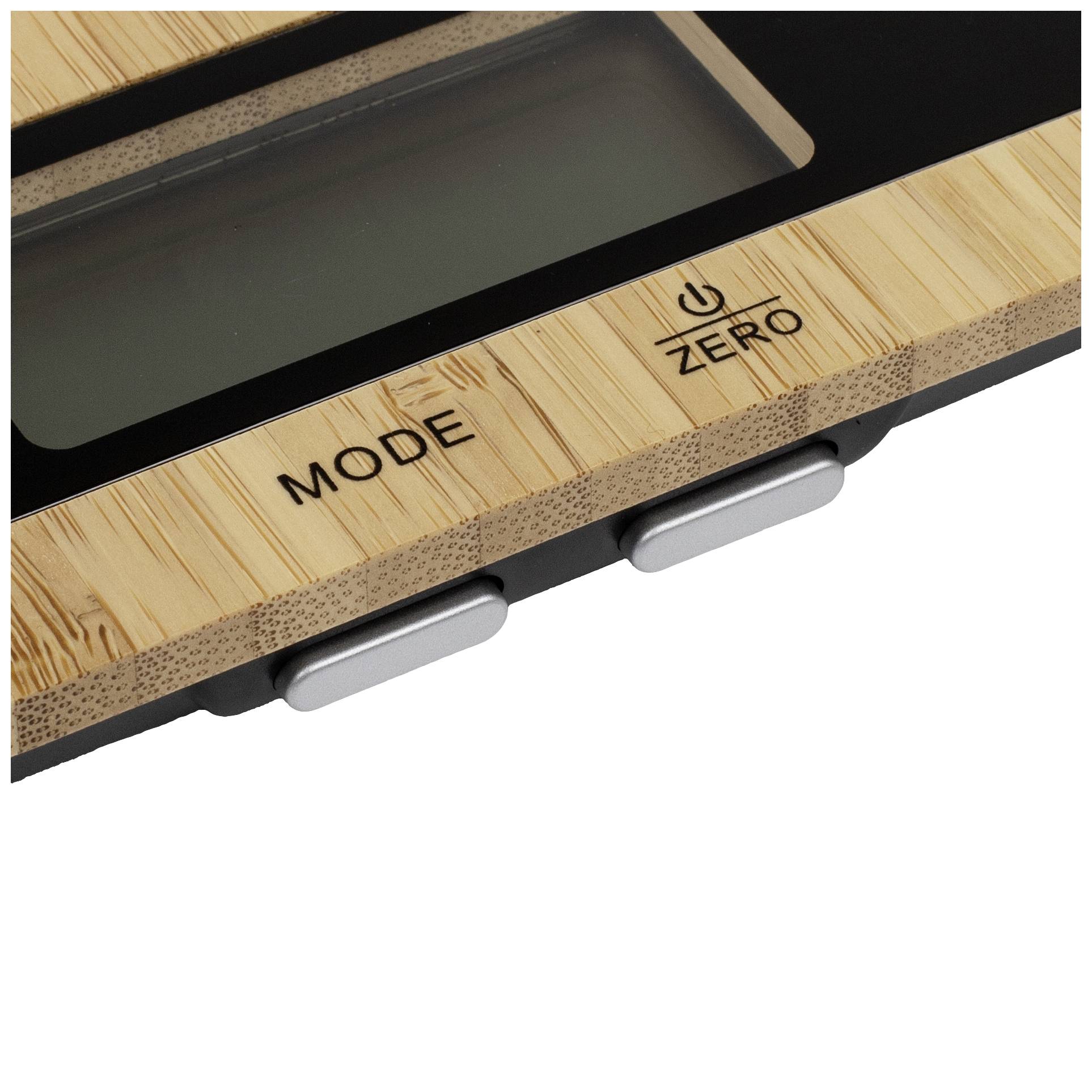 Digitale keukenweegschaal met houten oppervlak, display en twee toetsen: 'Mode' en 'Zero'.