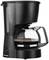 Een zwarte filterkoffiemachine met glazen kan en waterstandsindicator, klaar om 6 kopjes koffie te zetten.