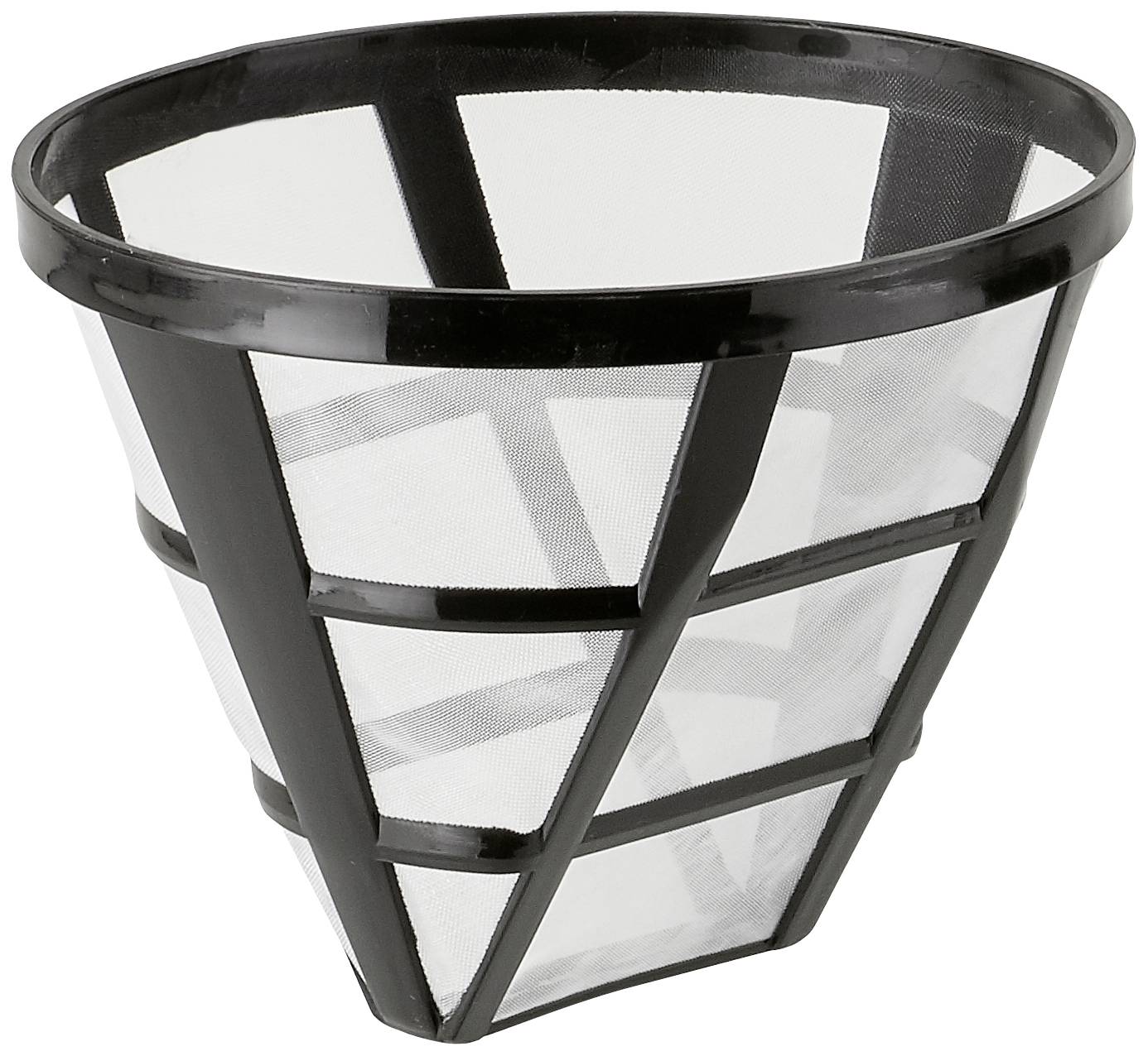 Een herbruikbare koffiefilter van zwart kunststof met een fijn gaas. Geschikt voor koffiezetapparaten en filterkoffie.