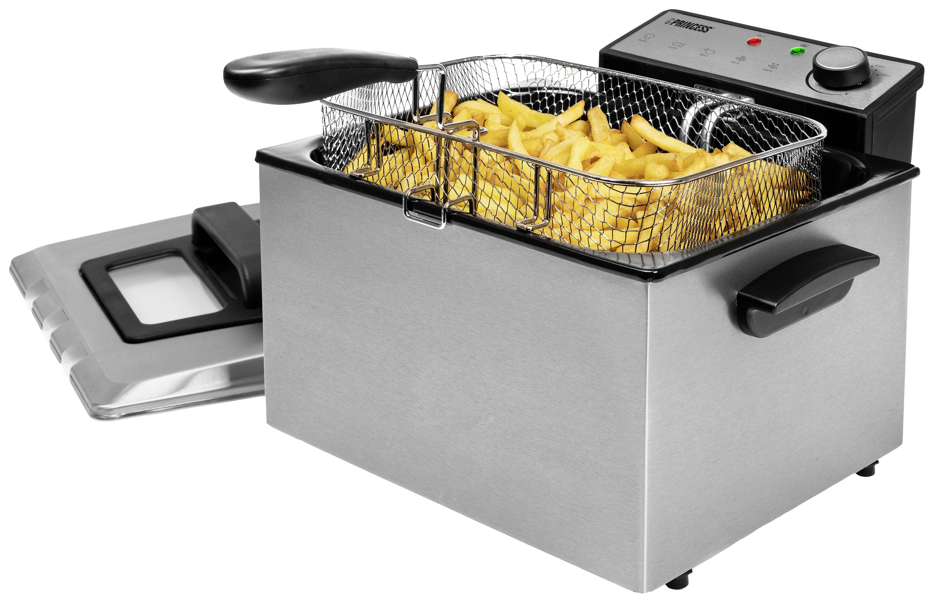 Een roestvrij stalen friteuse met een mandje vol friet. Het deksel ligt ernaast. De bedieningselementen bevinden zich aan de rechterkant.