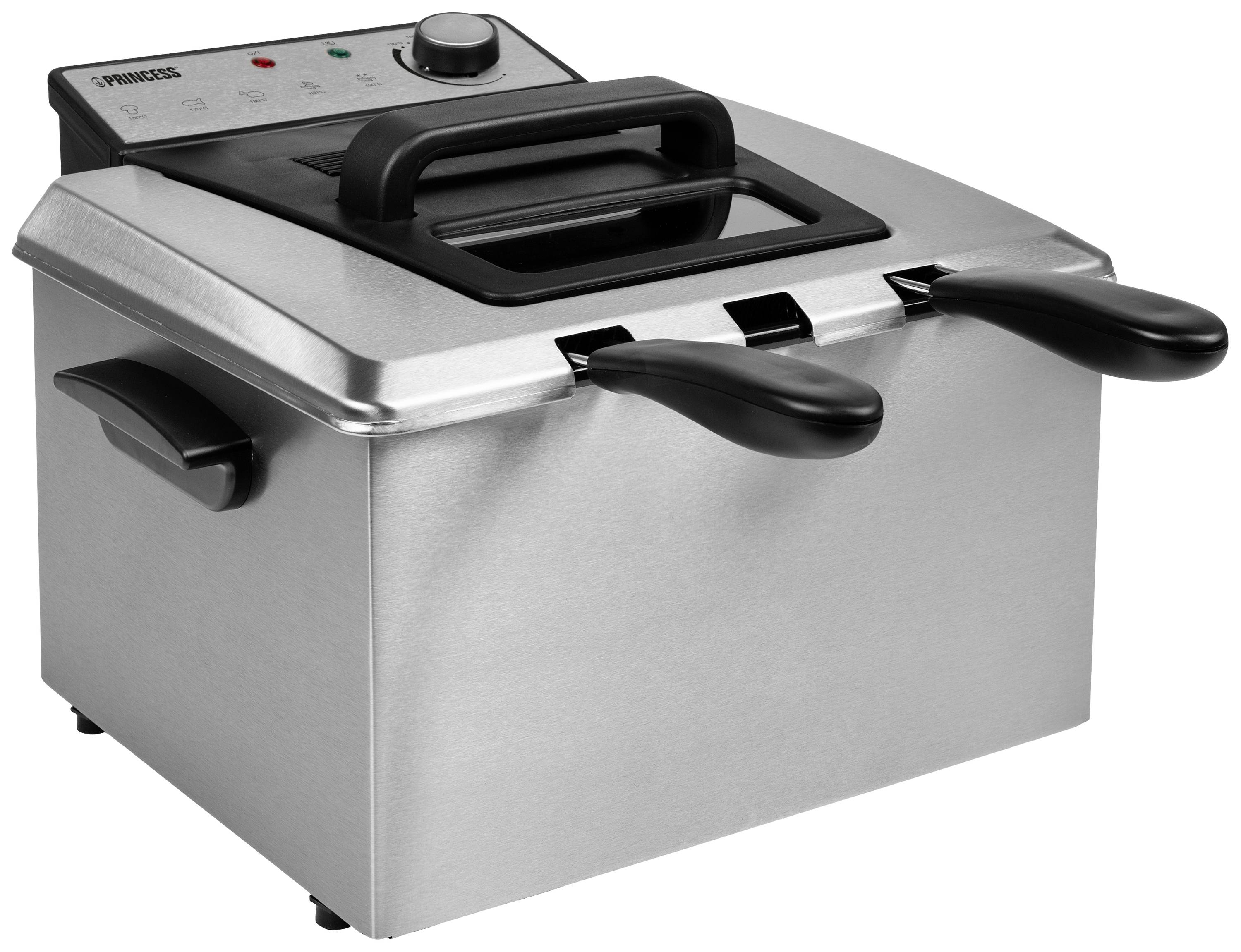 Metalen friteuse met twee zwarte handgrepen en bedieningspaneel bovenaan. Hij staat op een vlak oppervlak.