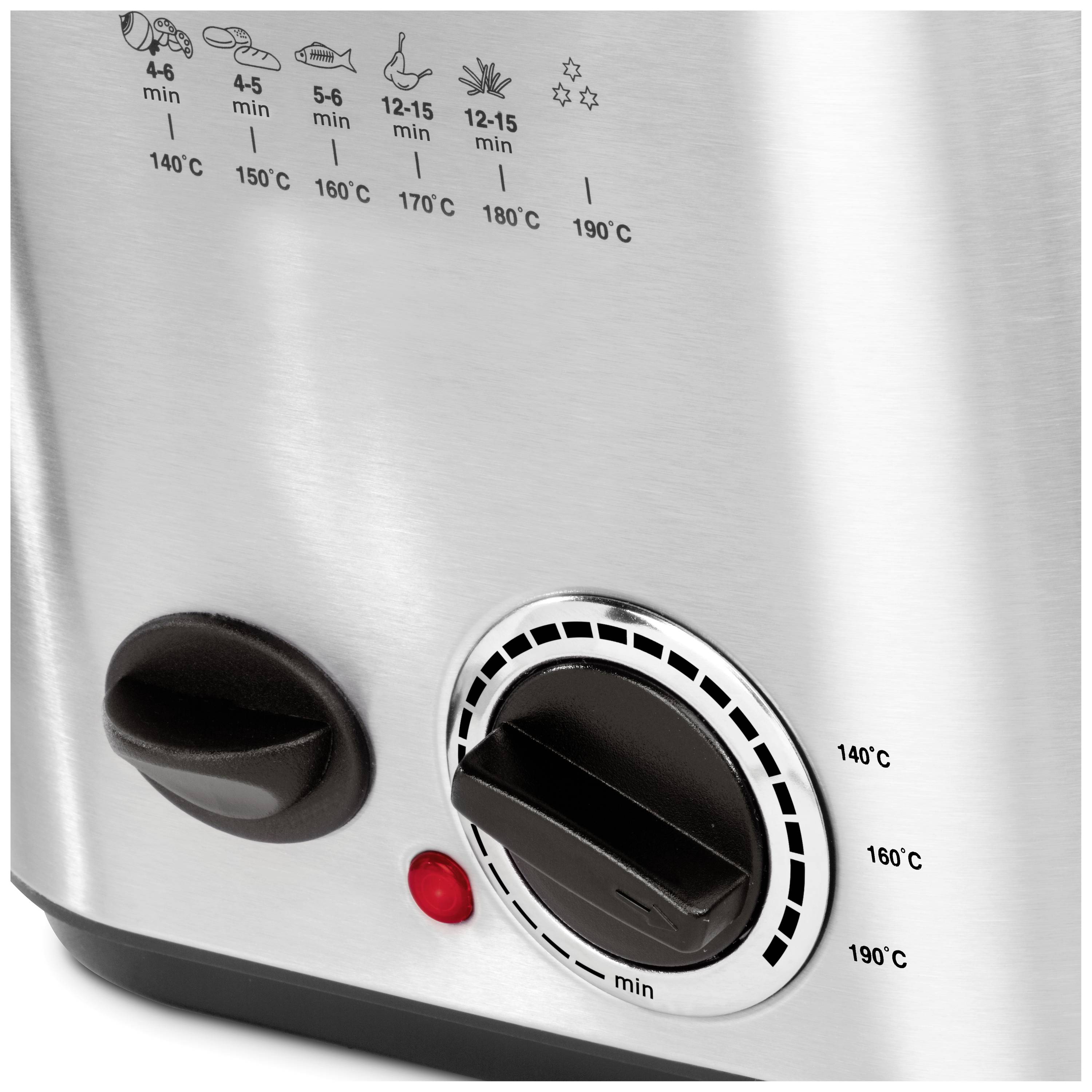 Draaiknop op een keukenapparaat voor temperatuurinstelling met een schaal van 140°C tot 190°C. Symbolen voor verschillende voedingsmiddelen bovenaan.