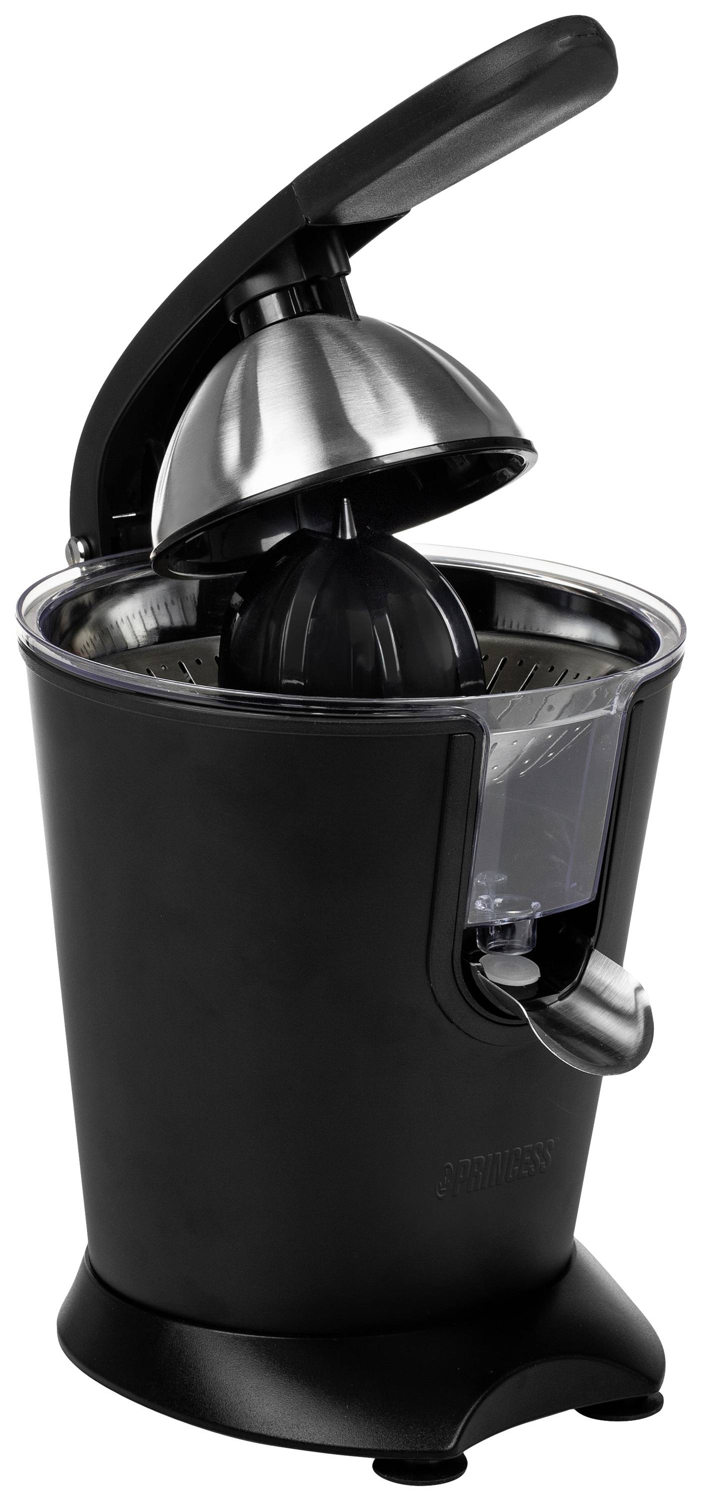 Zwarte elektrische citruspers met metalen hefboom, geplaatst op een gladde oppervlakte, geschikt voor citrusvruchten.