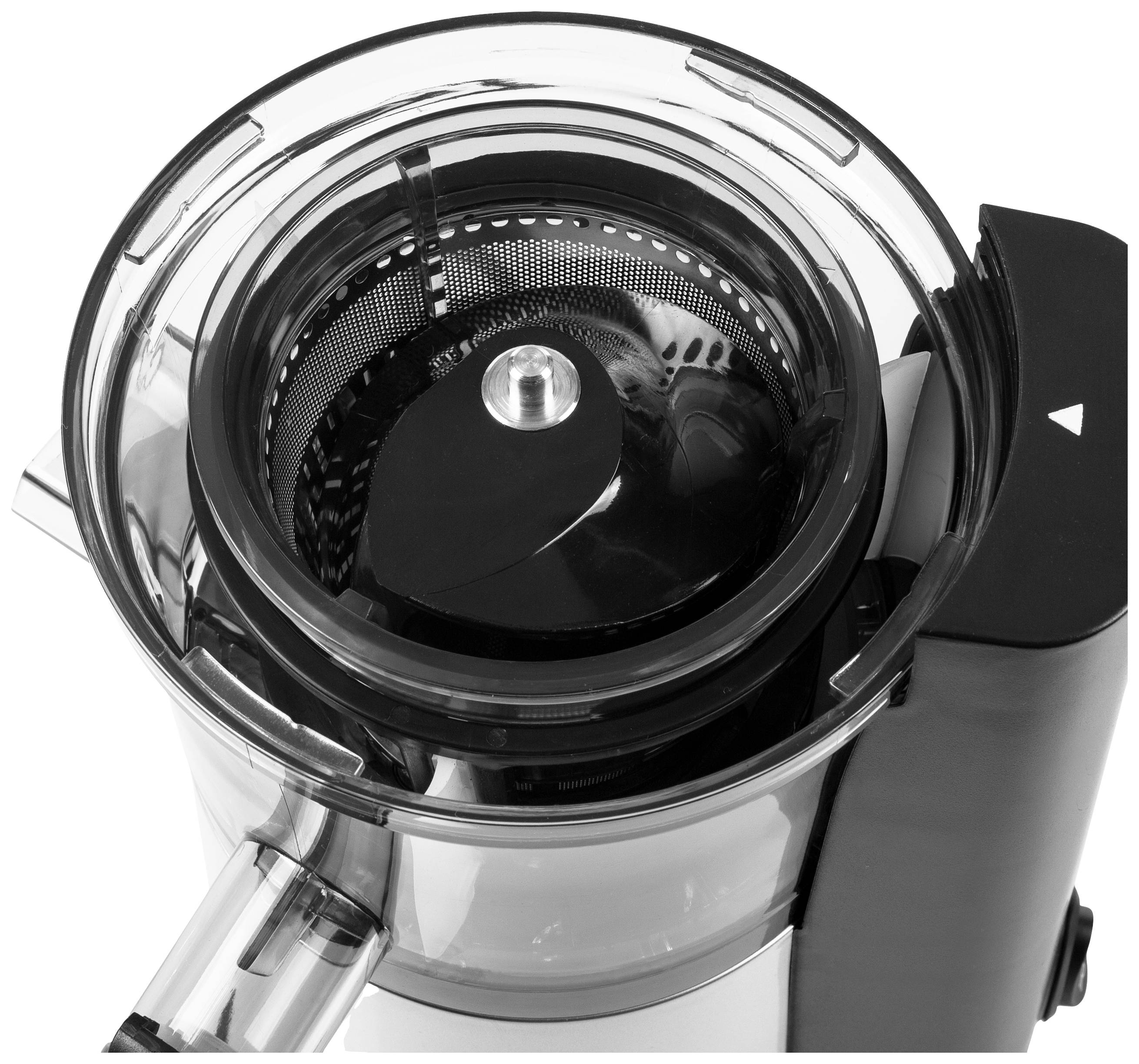 Sapcentrifuge close-up, toont de binnenkant met het zeefje en het verkleiningsinstrument.