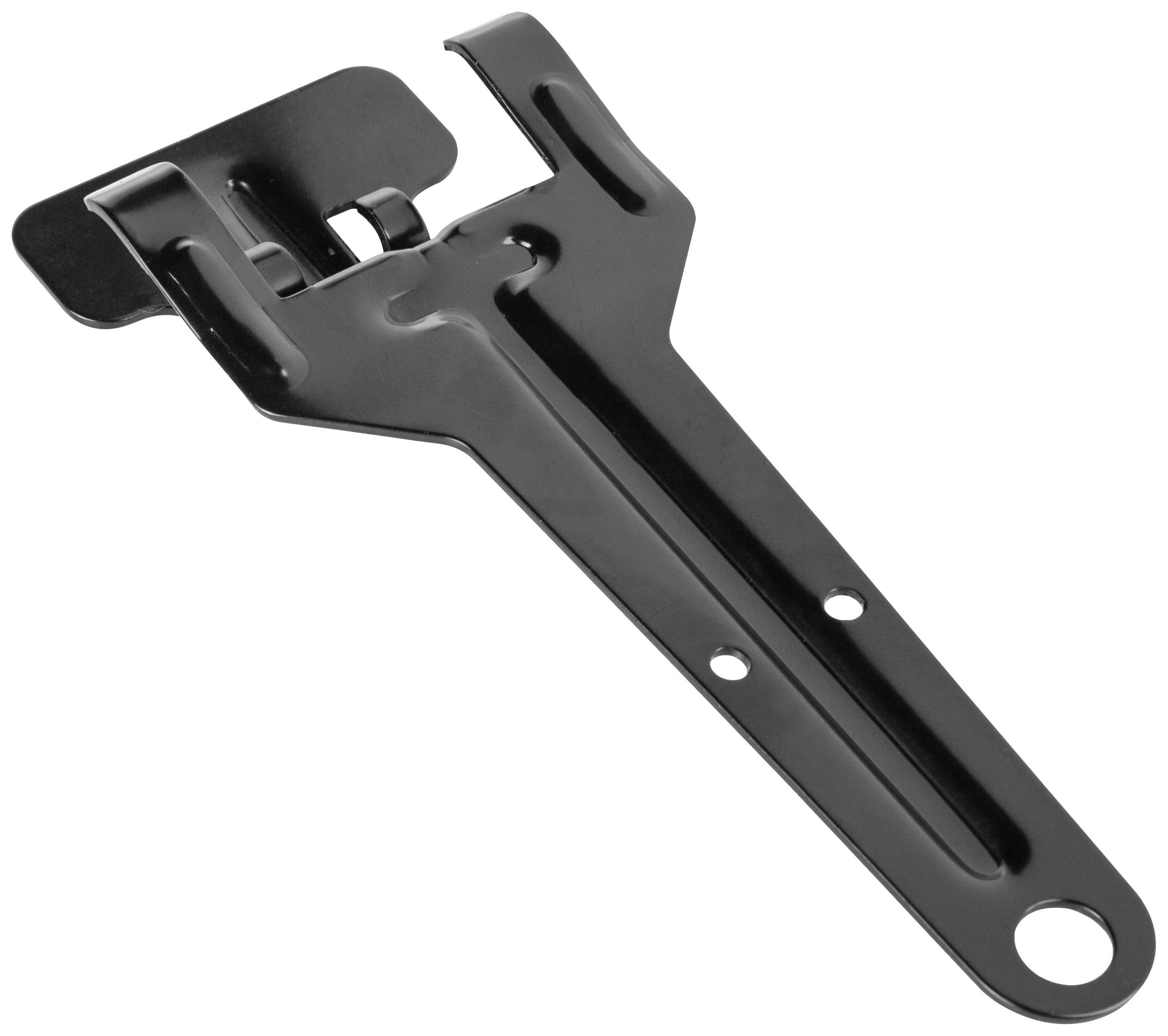 Een zwarte metalen haak met twee gaten, geschikt voor bevestiging aan een oppervlak.