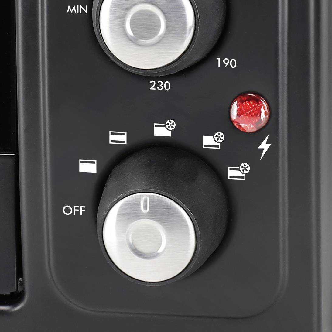 Draaiknop met temperatuurweergave: 190, 230; moduskeuze met symbolen voor ventilatie en verwarming; rood licht geeft status aan.