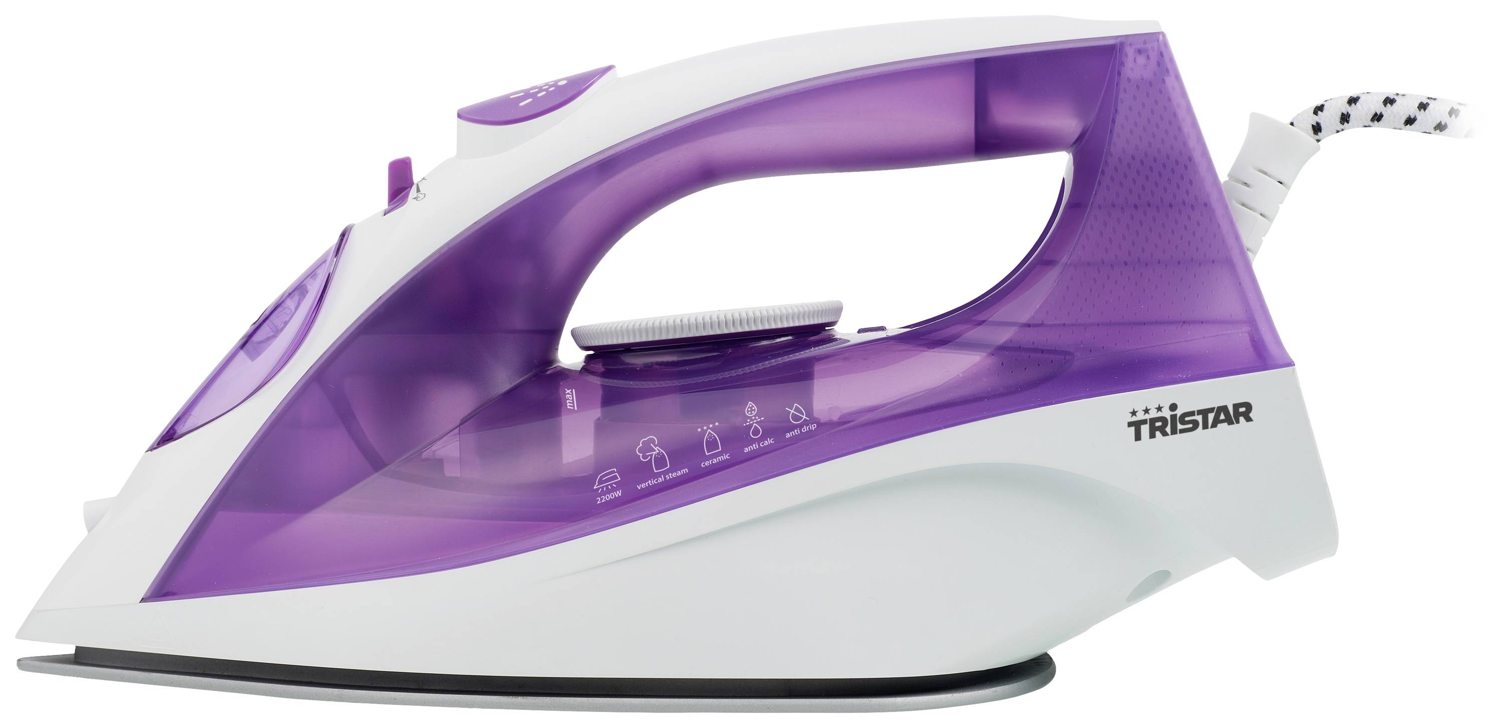 Strijkijzer met paarse accenten, gezien van opzij. Elektrisch snoer verbindt het met de stroombron. Geschikt voor textielverzorging.