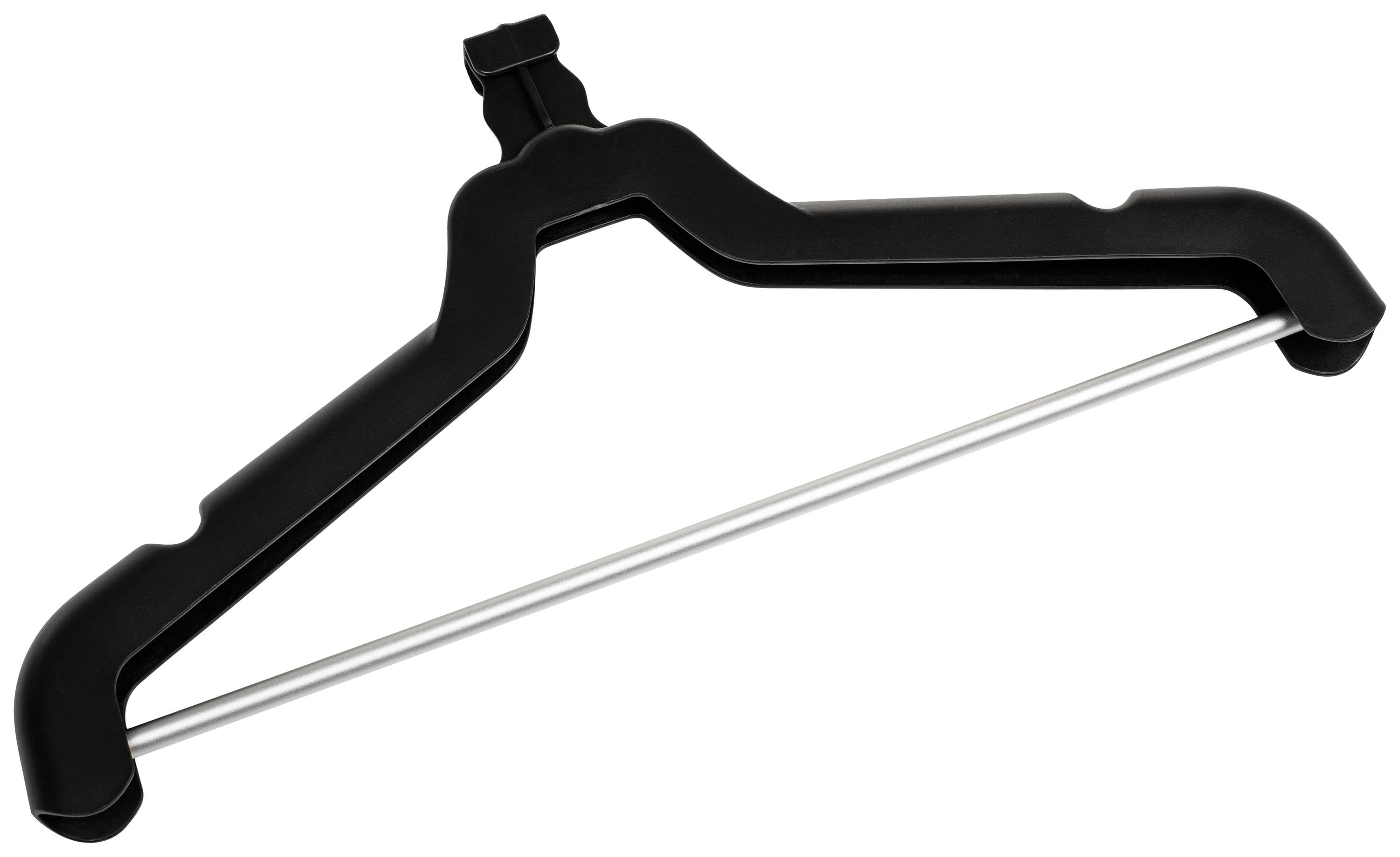 Zwarte kledinghangers met metalen stang, geschikt voor broeken en pakken.