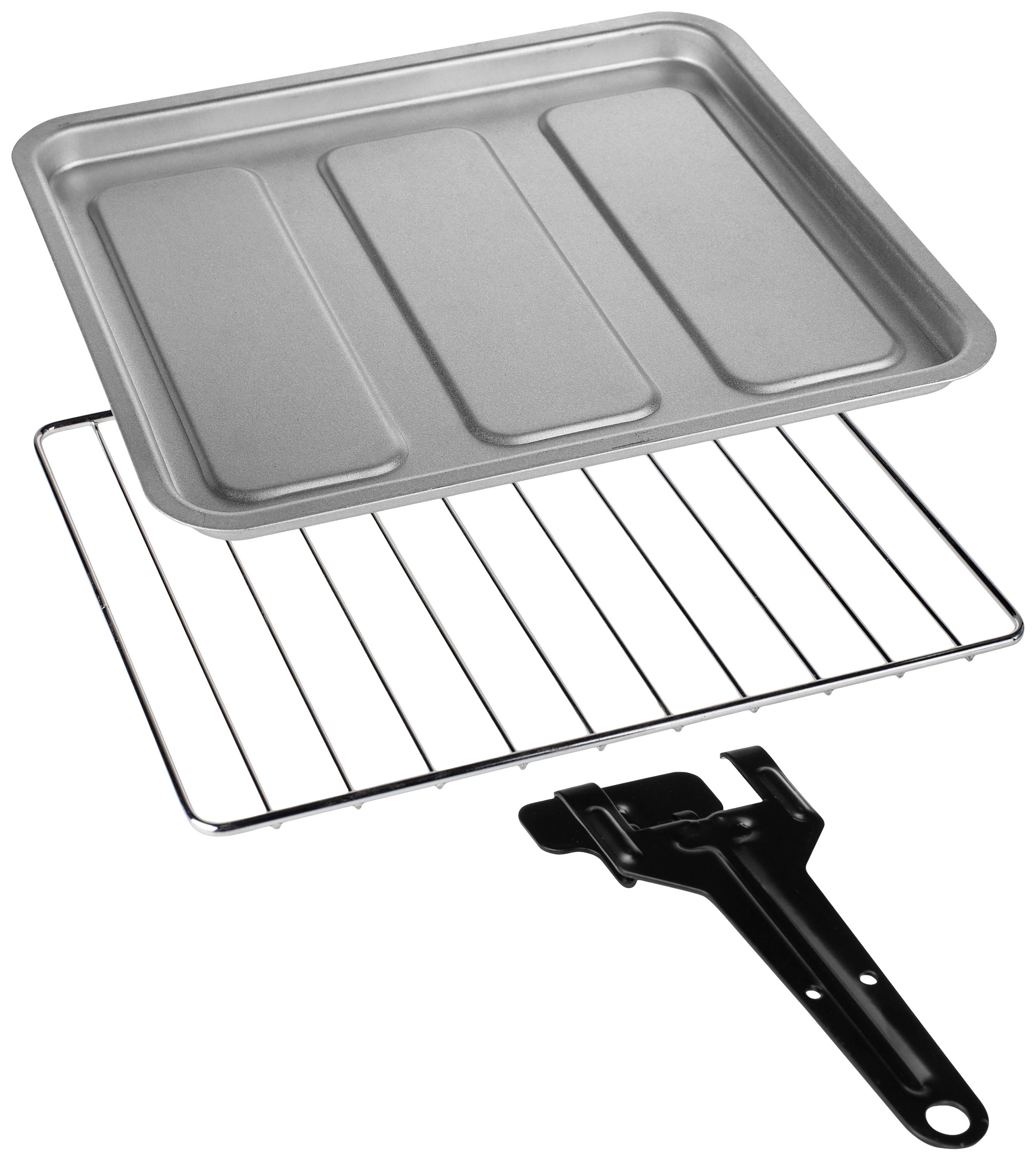 Een bakplaat, een rekje en een zwarte handgreep worden getoond. Ze zijn geschikt voor gebruik in een oven.