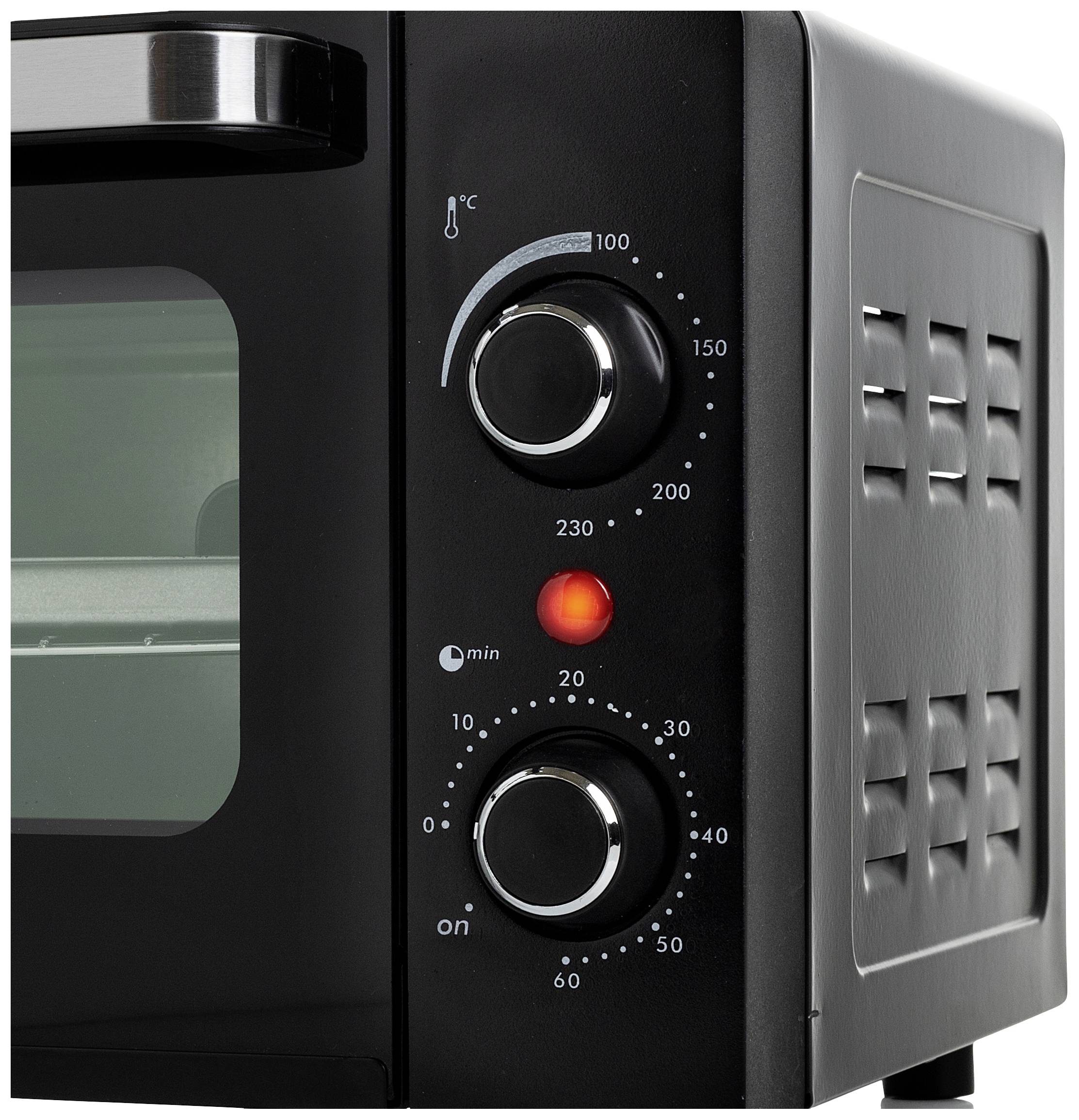 Een zwarte oven met twee draaiknoppen. De bovenste knop toont de temperatuur, de onderste de tijd. Een rode bedrijfslamp brandt.